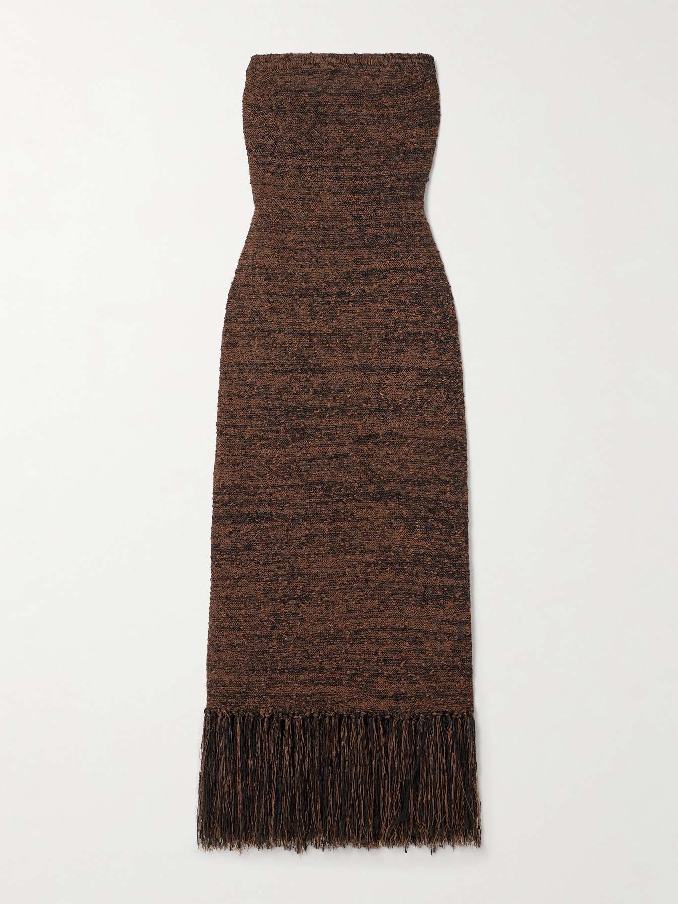 Strapless fringed bouclé midi dress Light brown - 1