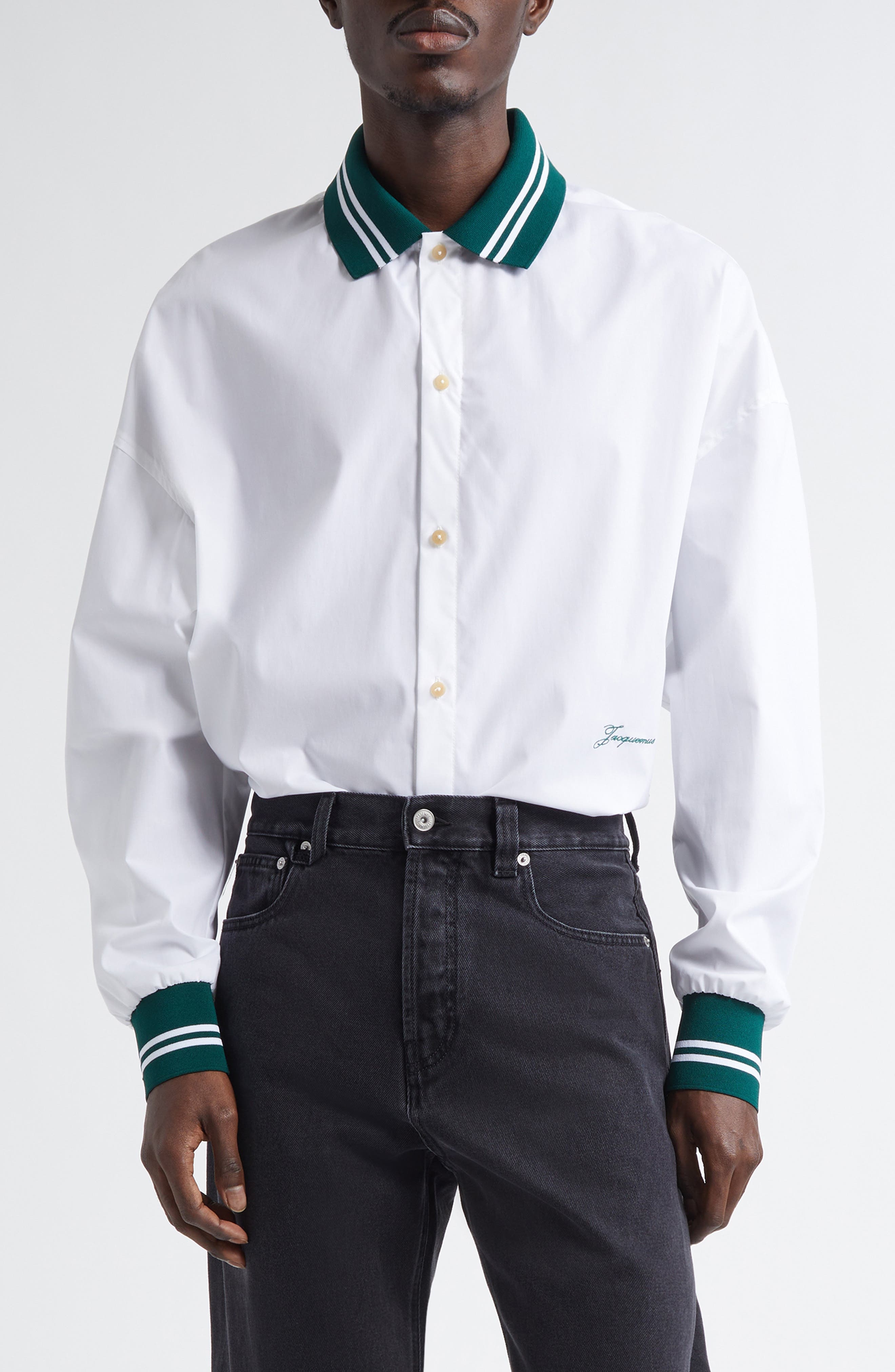 Jacquemus La Chemise Baseball Stretch Cotton Button-Up Shirt in White at Nordstrom - 1