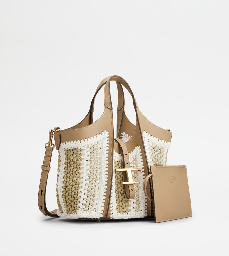 T TIMELESS SHOPPING BAG IN RAFFIA AND LEATHER MINI - BEIGE, WHITE 2