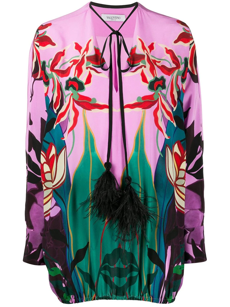 feather-embellished Mirrored Orchid Ramage blouse 1