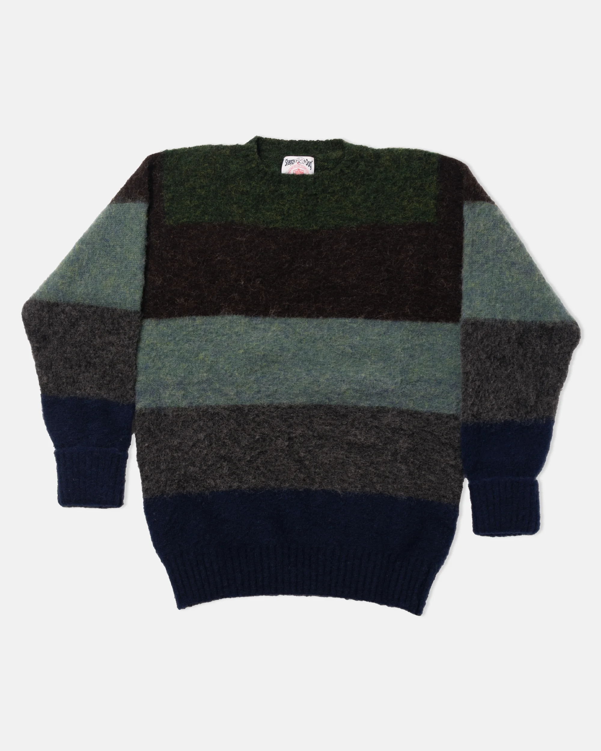 MADE-IN-SCOTLAND OLIVE WIDE STRIPE SHAGGY DOG SWEATER - CLASSIC FIT - 1