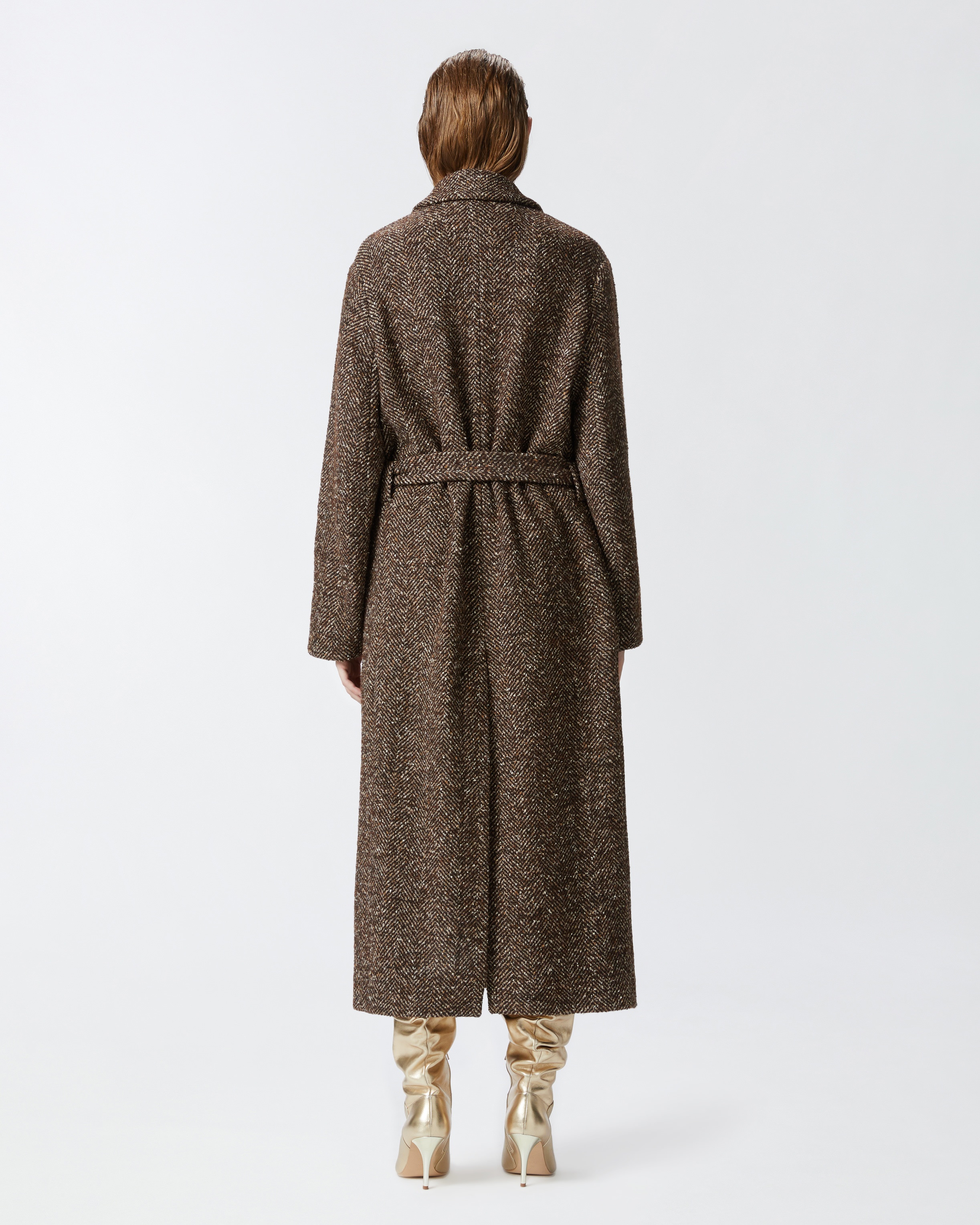 LONG HERRINGBONE COAT WITH BELT - 4