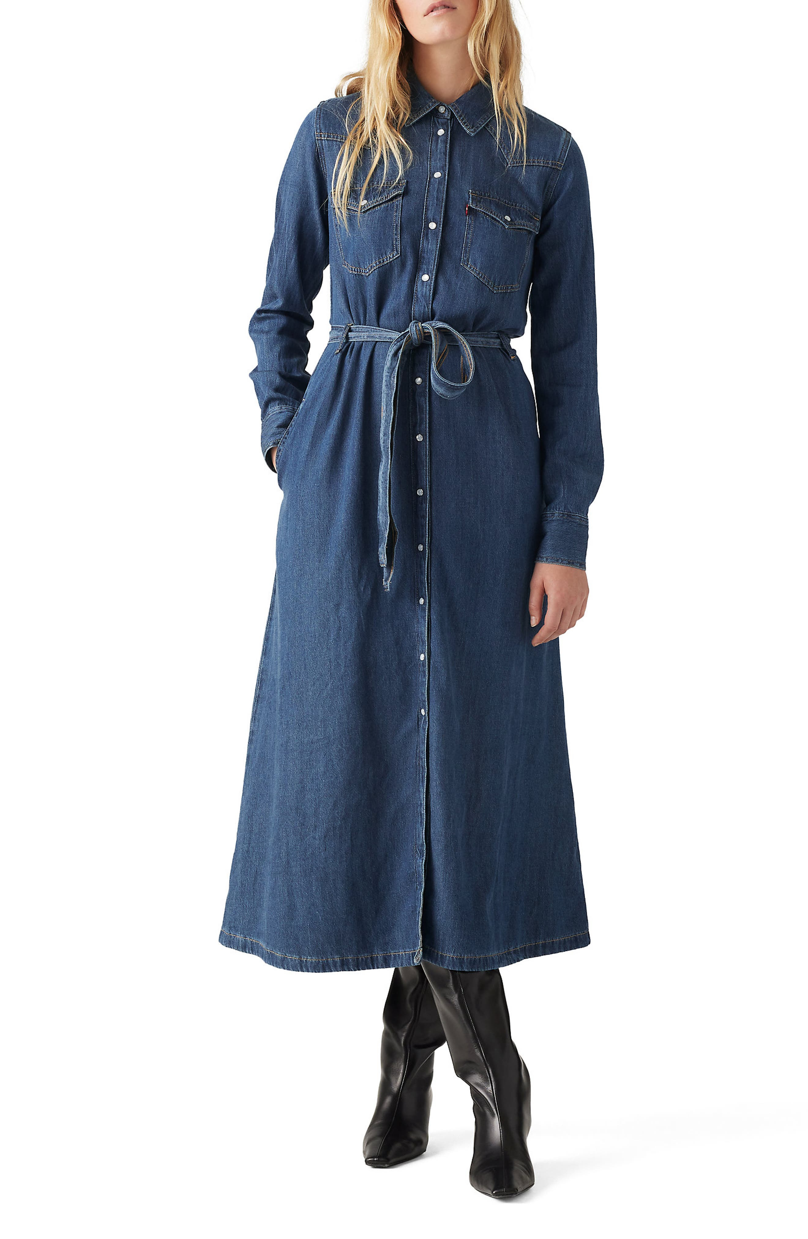 levi's Quinney Long Sleeve Belted Denim Shirtdress in Gold Dust West at Nordstrom - 1
