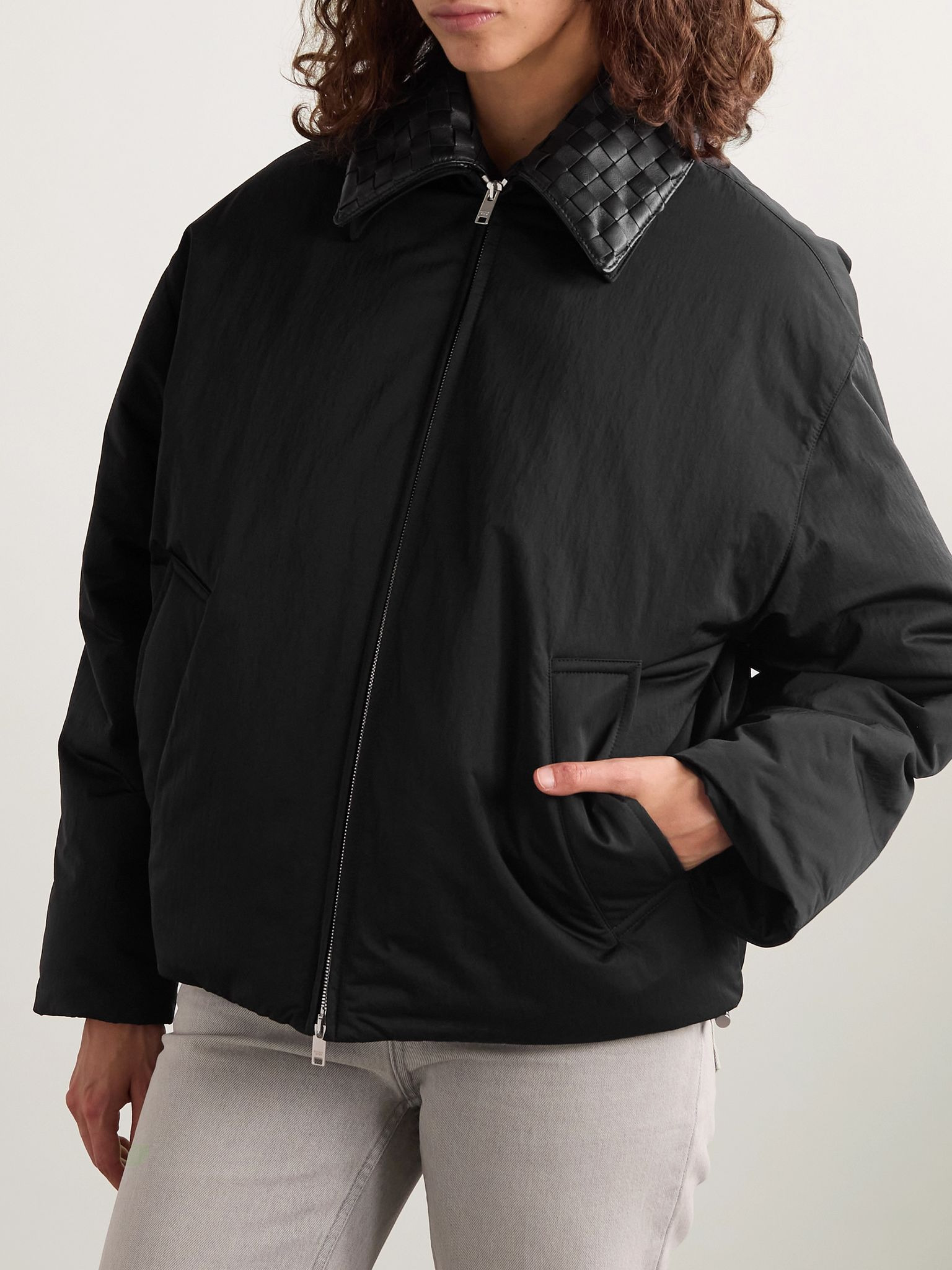 Intrecciato leather-trimmed shell down jacket Black - 3