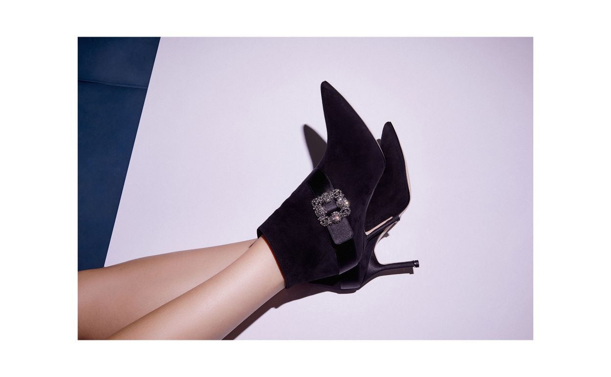 Black Suede Jewel Buckle Ankle Boots - 4