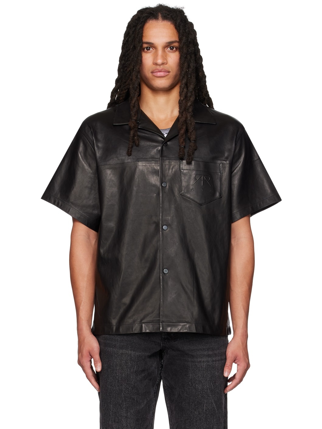 Black Spread Collar Leather Shirt - 1