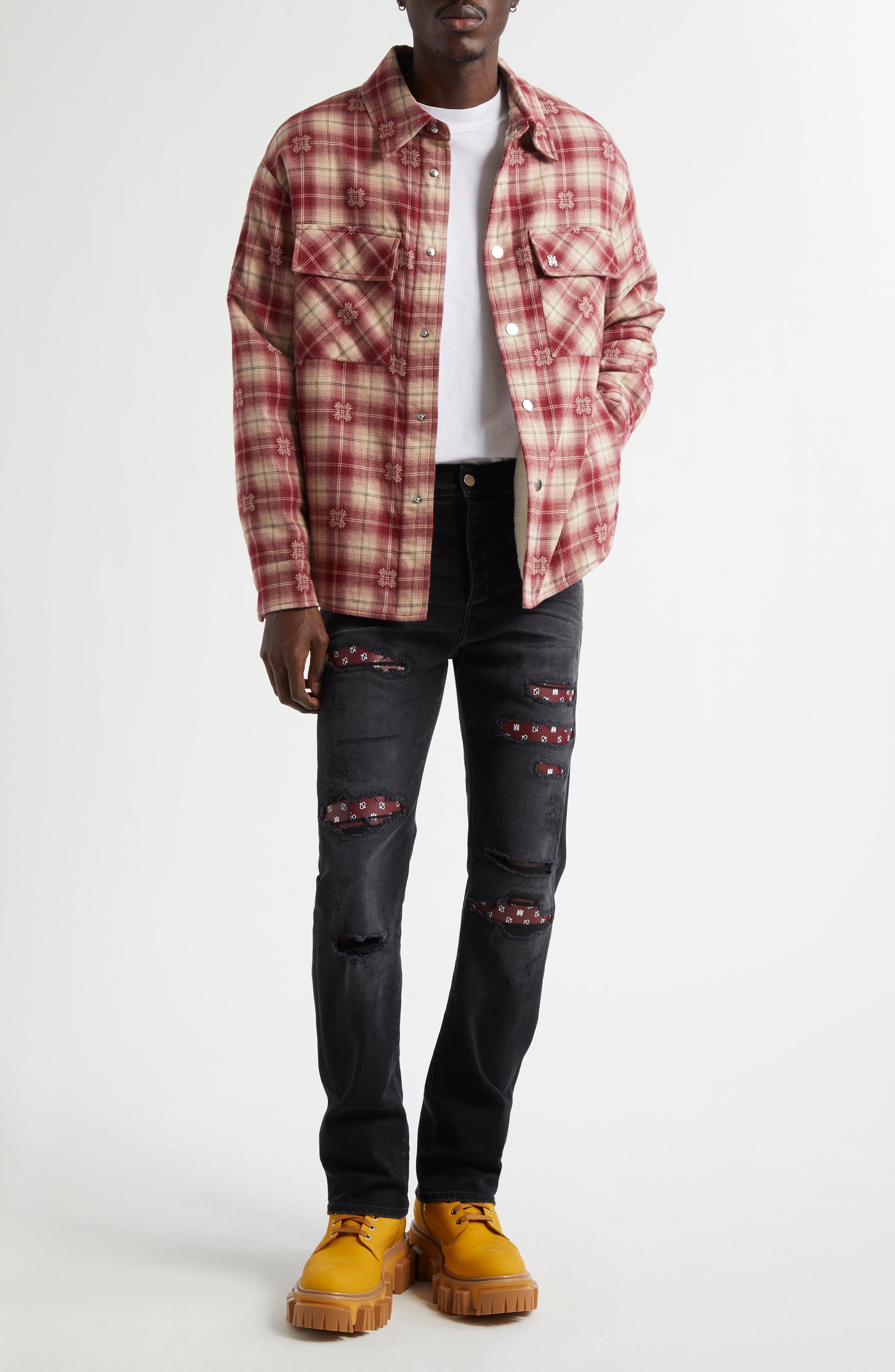 AMIRI Plaid Fleece Lined Cotton Flannel Snap-Up Overshirt in Deep Red at Nordstrom - 2