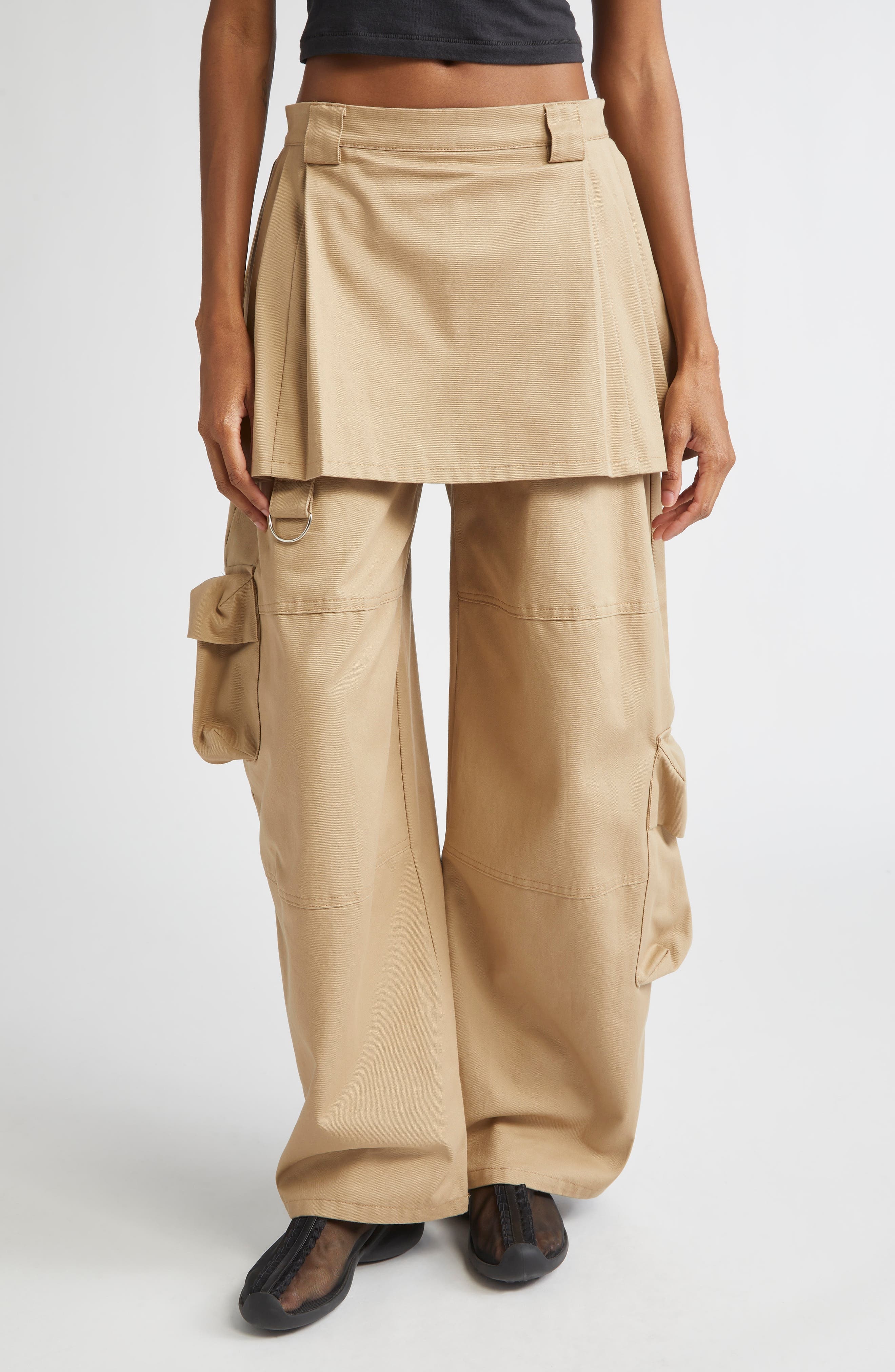 Collina Strada Lawn Plaid Skirt Overlay Cargo Pants in Khaki at Nordstrom - 1