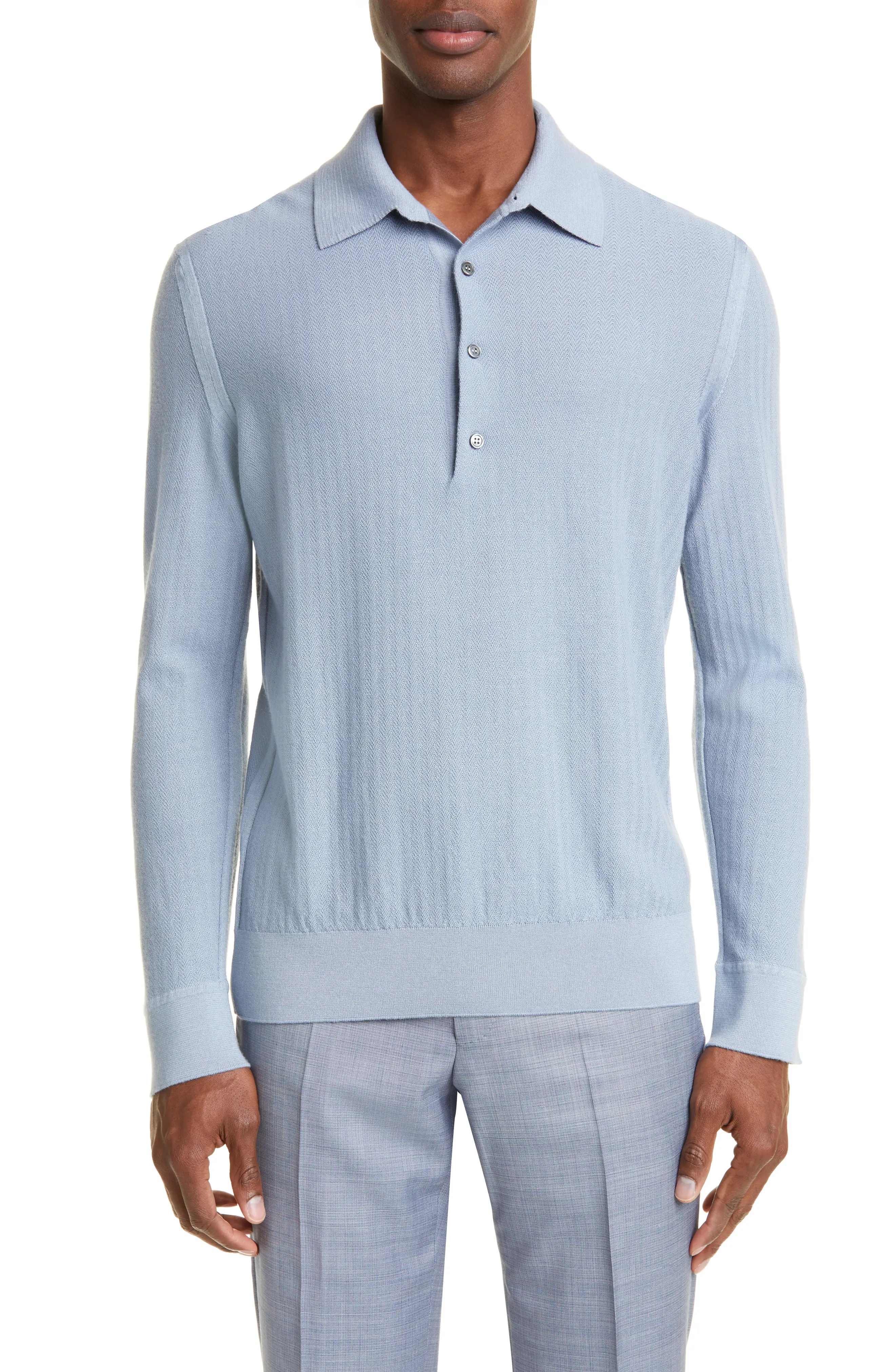 Cashseta Light Herringbone Long Sleeve Polo - 1