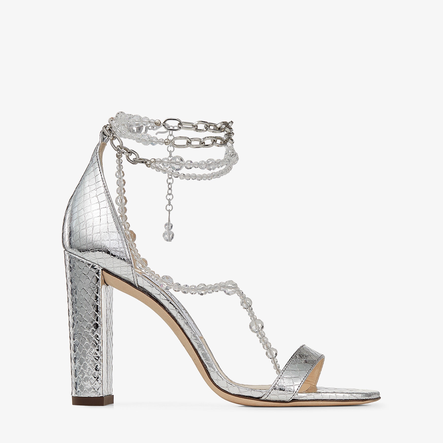 Neena 100
Silver Leather Sandals with Chain and Glass Bead Embellishment - 1