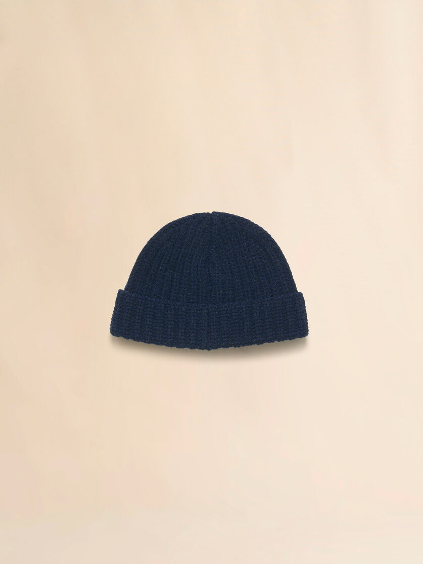 DEEP BLUE RIBBED BEANIE WITH HAND-STITCHED LOGO - 3