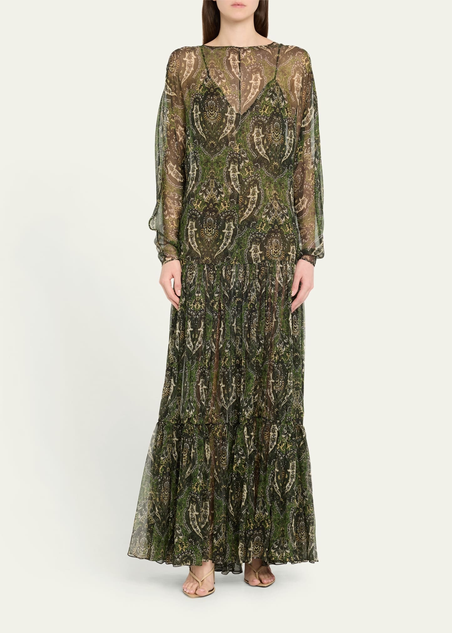 Sheer Paisley Print Gown with Slip Underpinning - 2