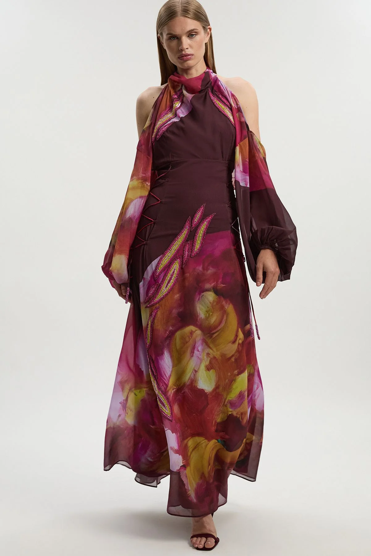 Petite Lily Macrae Cold Shoulder Embellished Woven Maxi Dress - 1