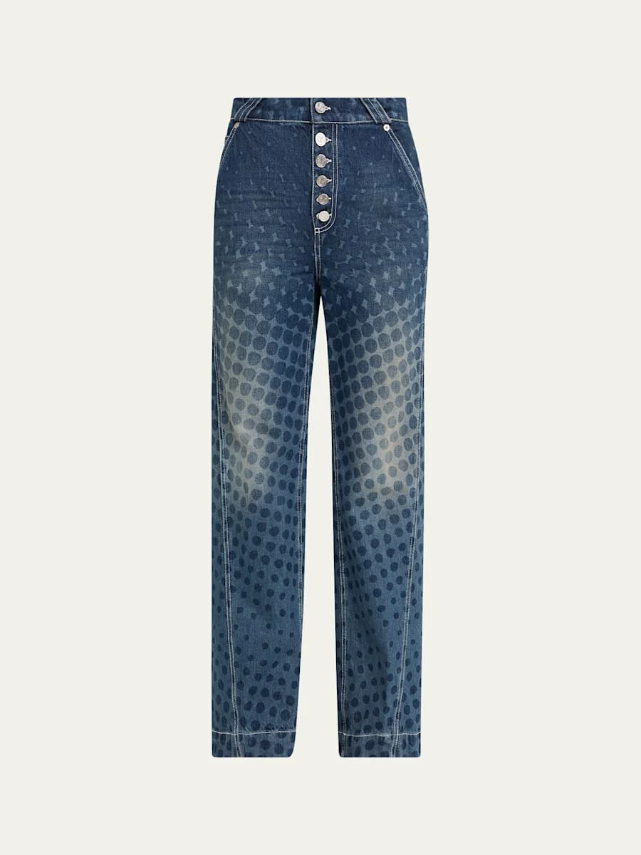 Halftone Wiggle Dot Button-Front Wide-Leg Jeans - 1