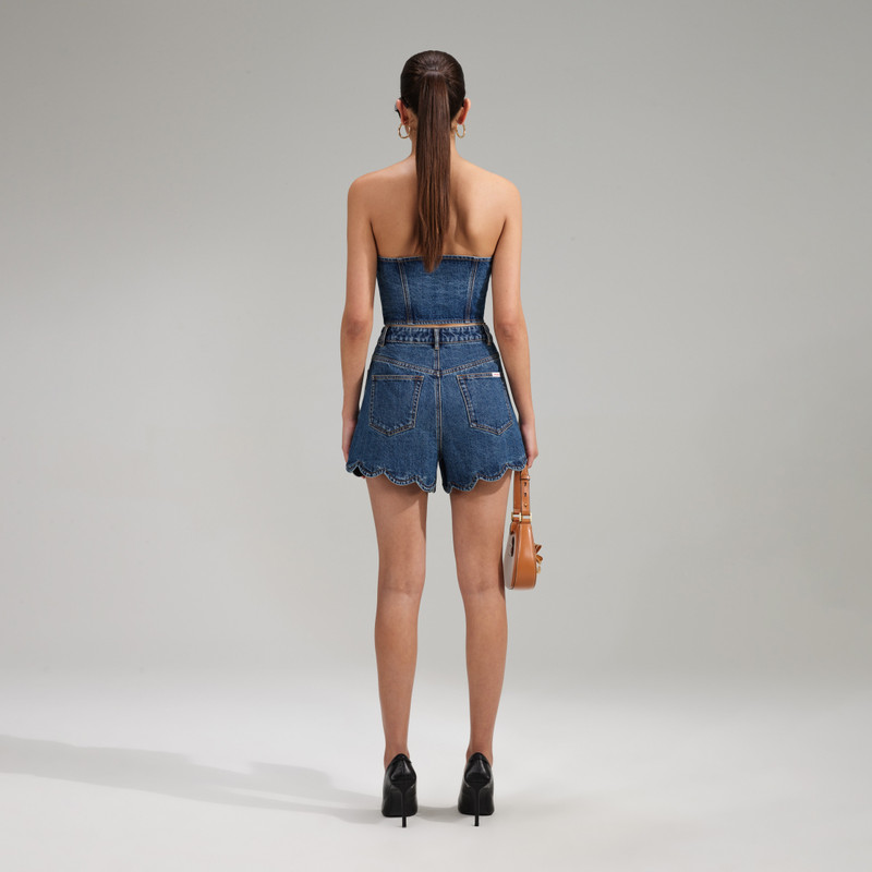 self-portrait Bandeau Denim Crop Top With Scalloped Edge outlook