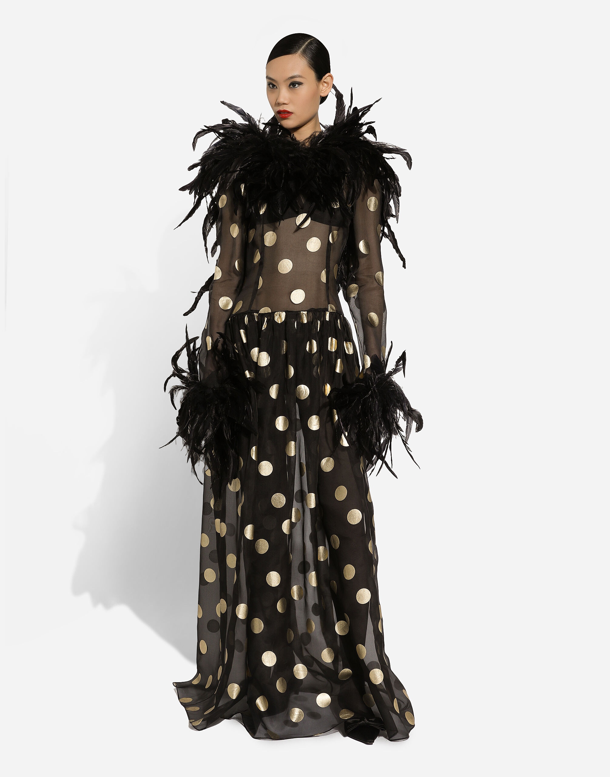 Long polka-dot silk organza dress with feathered details - 3
