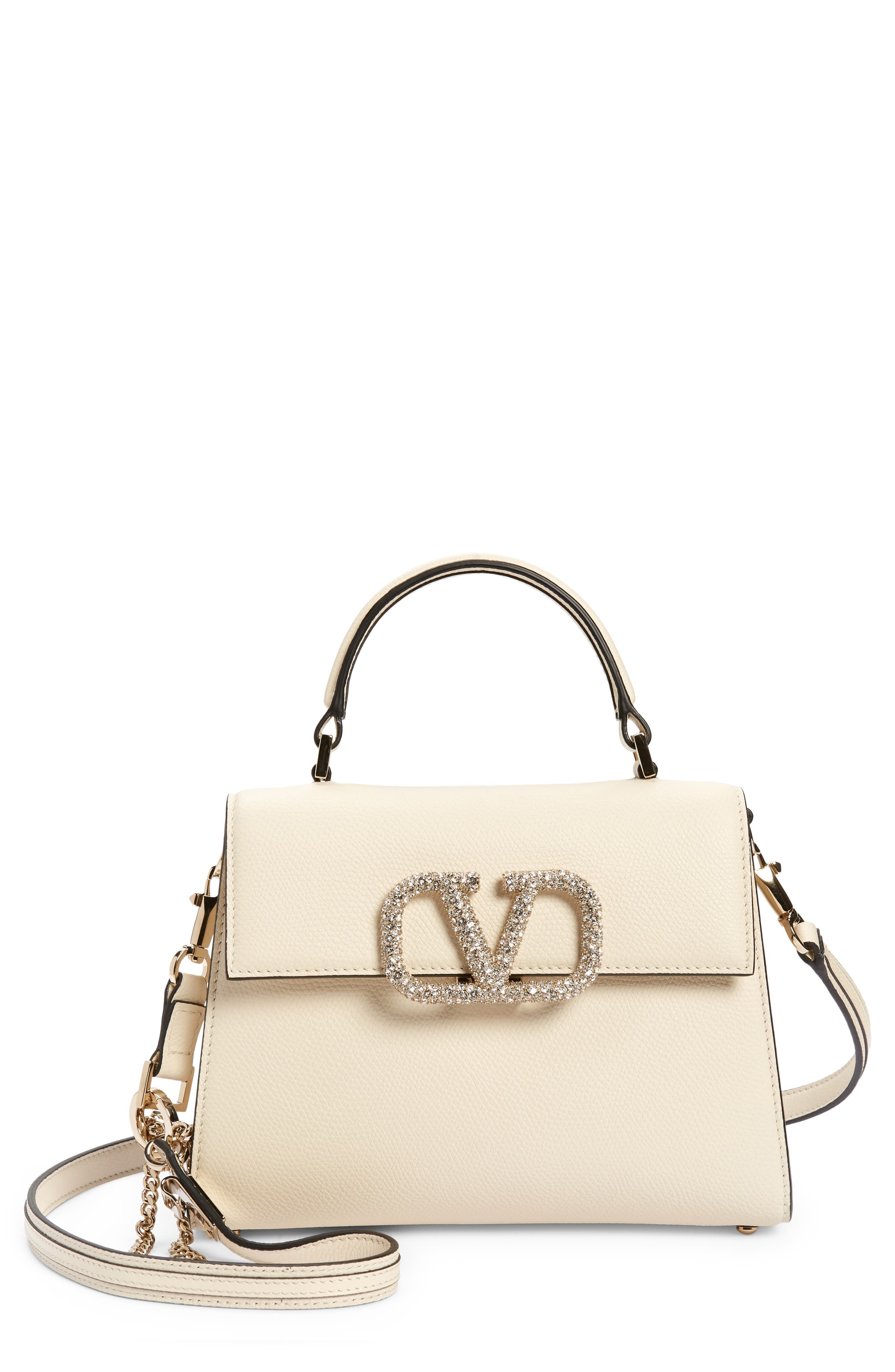 Valentino Garavani Small Vsling Leather Top Handle Bag in iA5 Light Ivory/Crystal