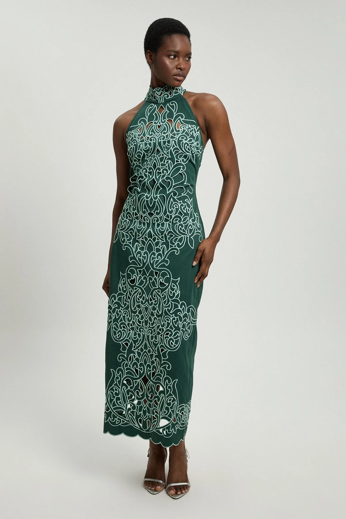 Cotton Cutwork Woven Halter Midi Dress - 1
