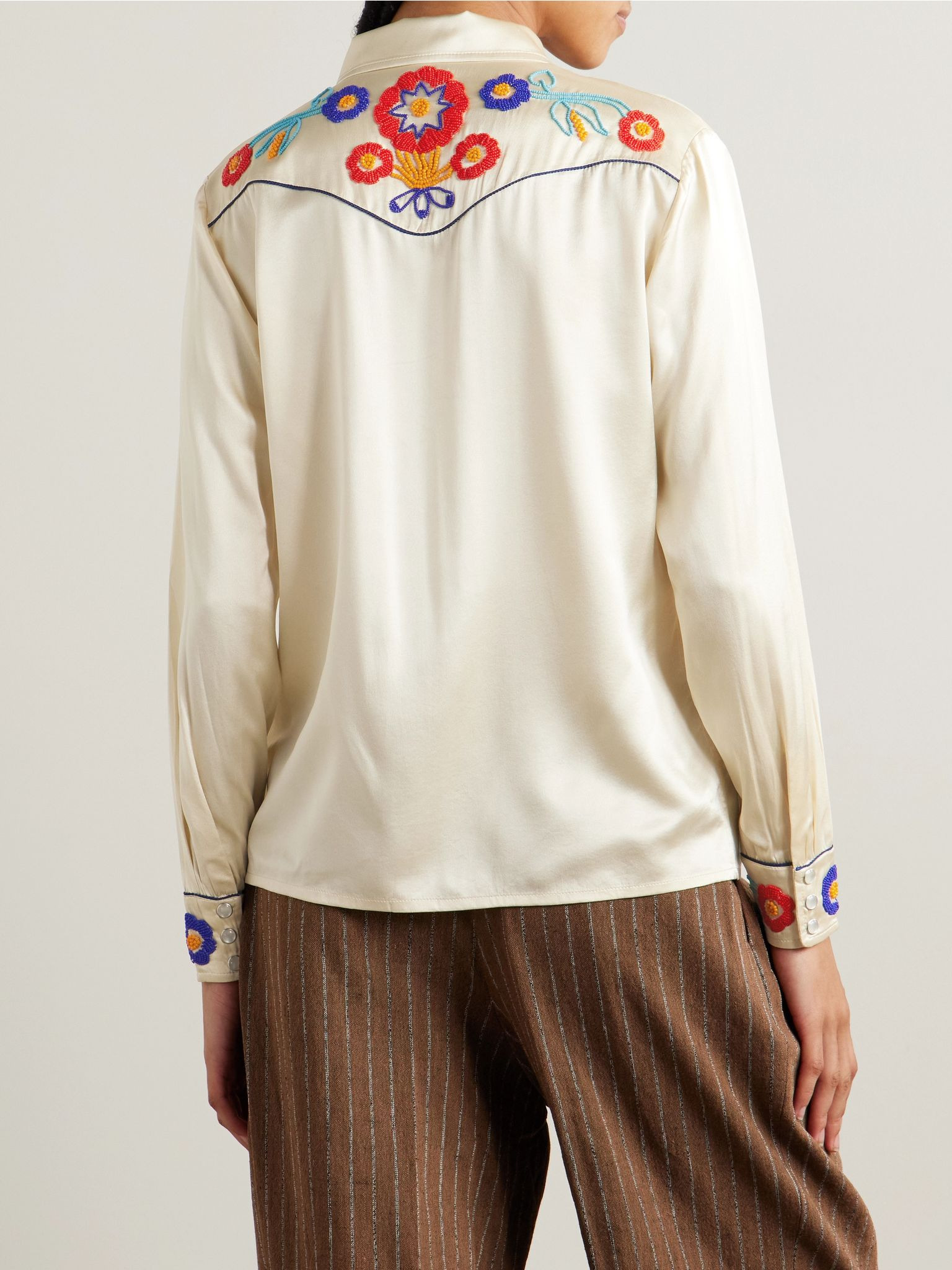 Garden Party bead-embellished embroidered silk-satin shirt Cream - 3