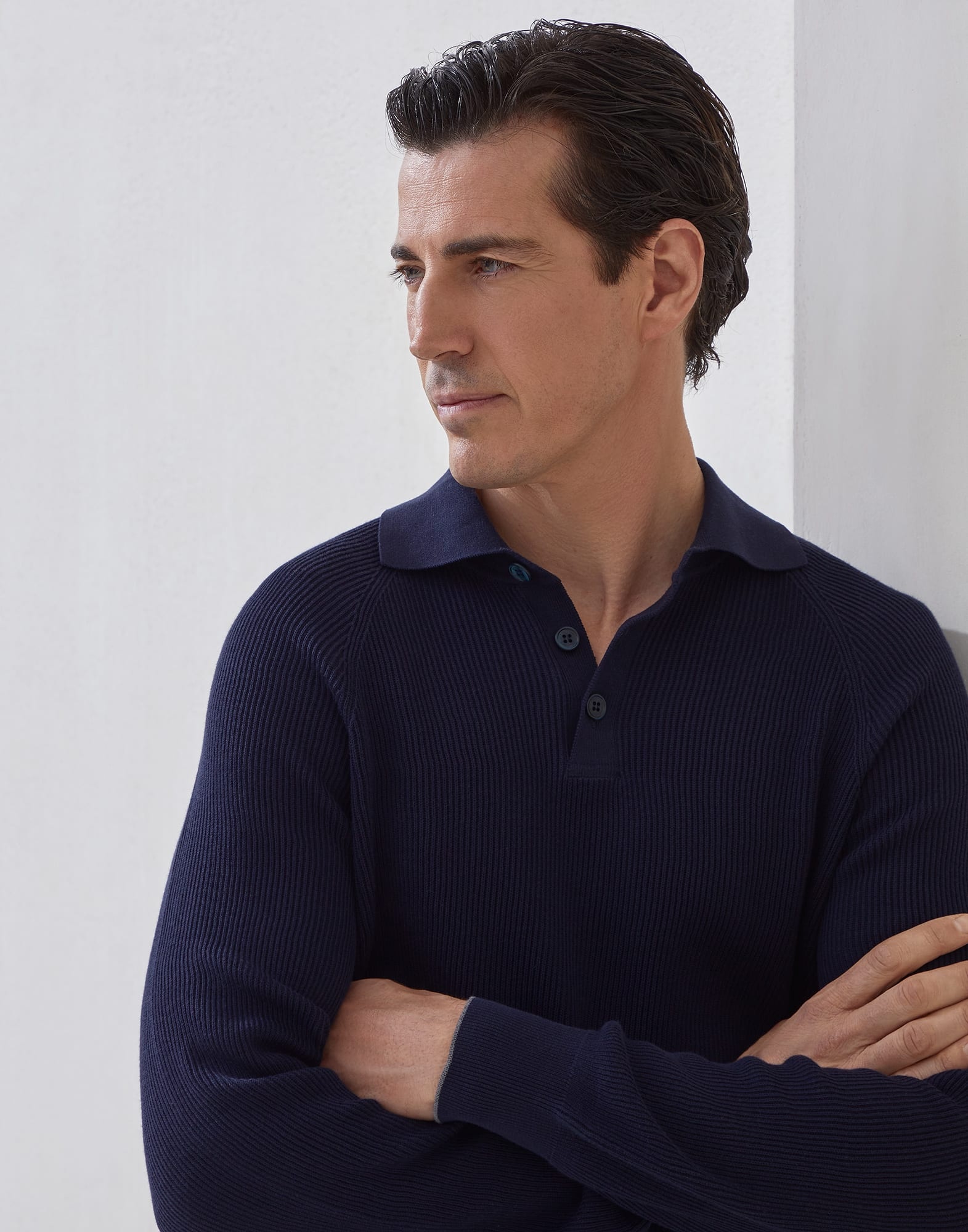 Cotton English rib knit polo with long raglan sleeves - 3