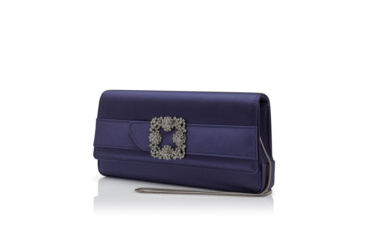 Navy Blue Satin Jewel Buckle Clutch - 3
