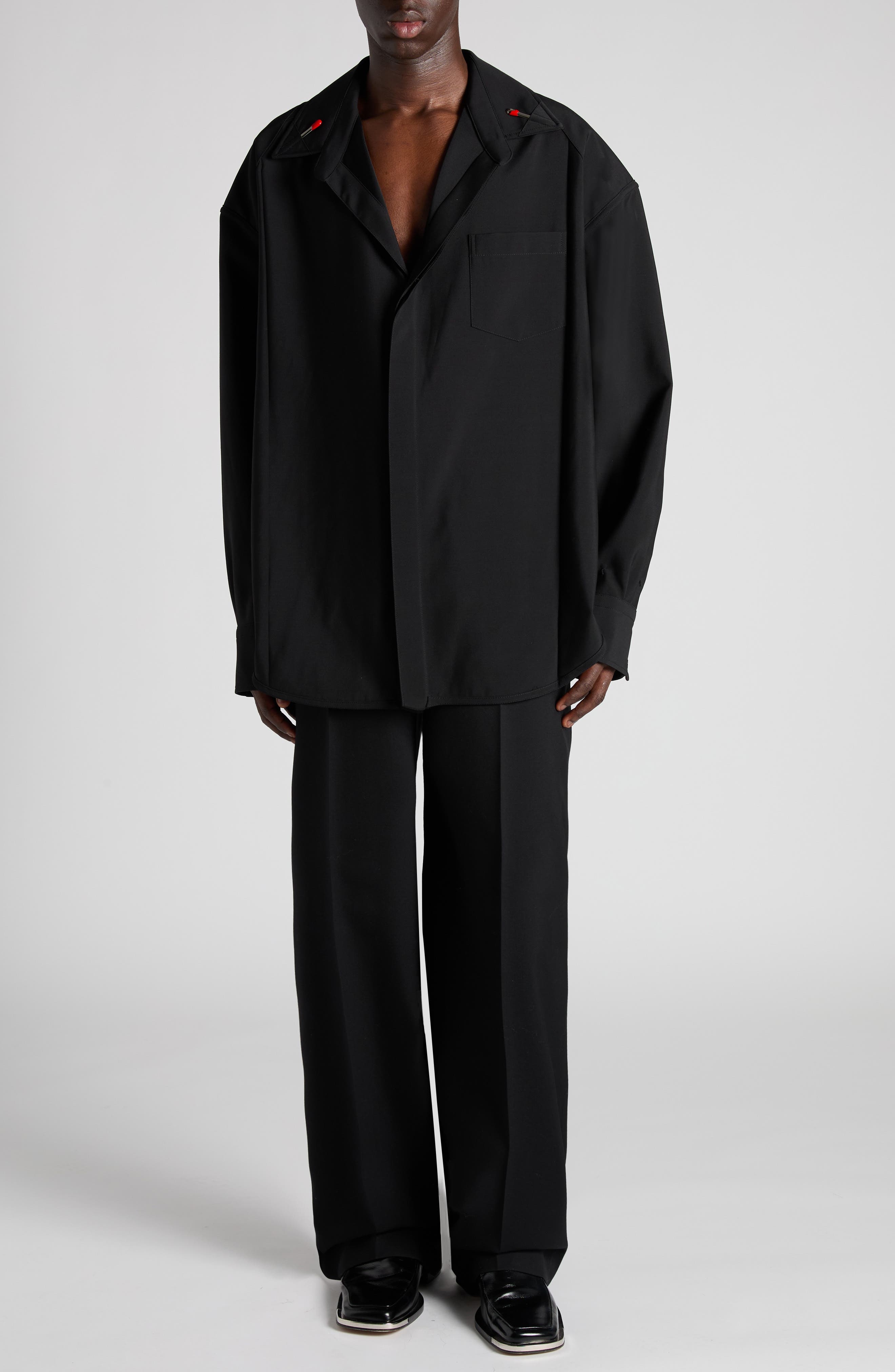 Bottega Veneta Light Wool Button-Up Shirt with Enameled Matchsticks in 1000 Black at Nordstrom - 2