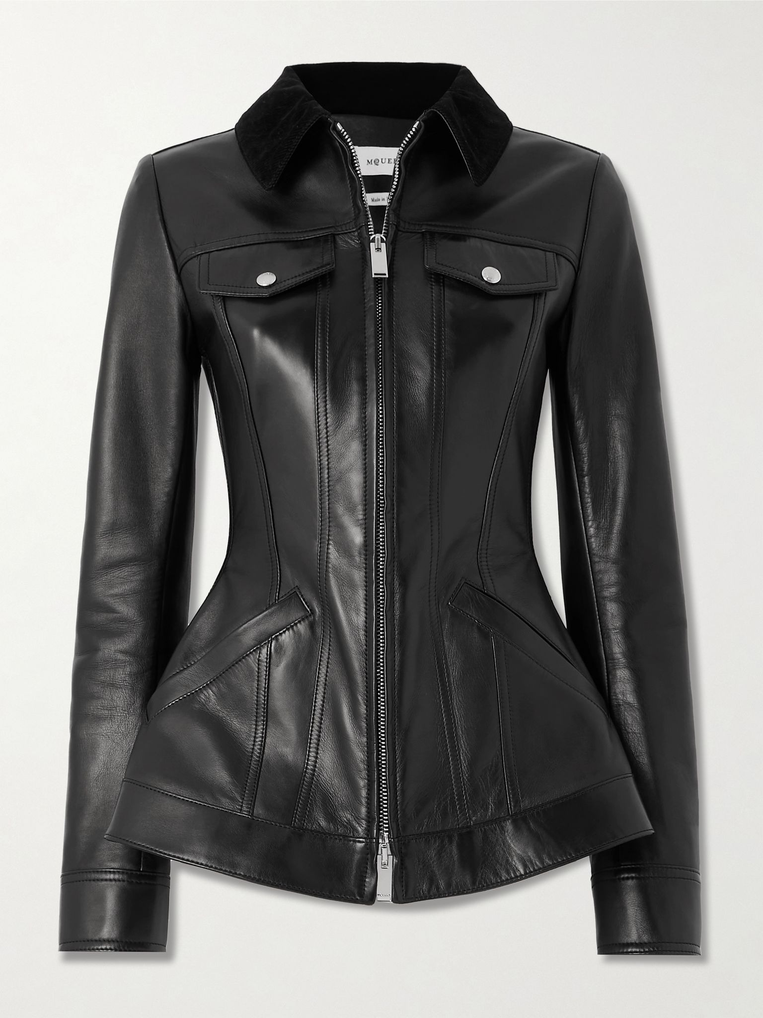 Corduroy-trimmed leather peplum jacket Black - 1