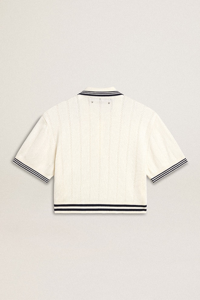 Women's cropped worn-white cotton polo shirt with blue ribbing - 6