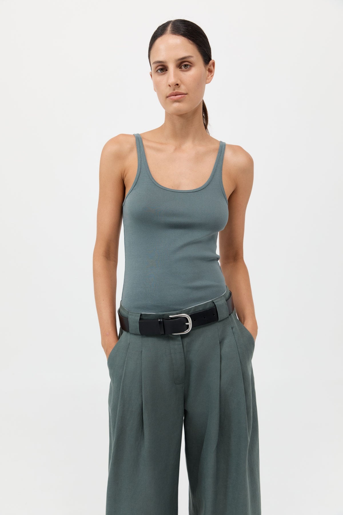 Wide Leg Pleat Pants - Balsam Green - 4