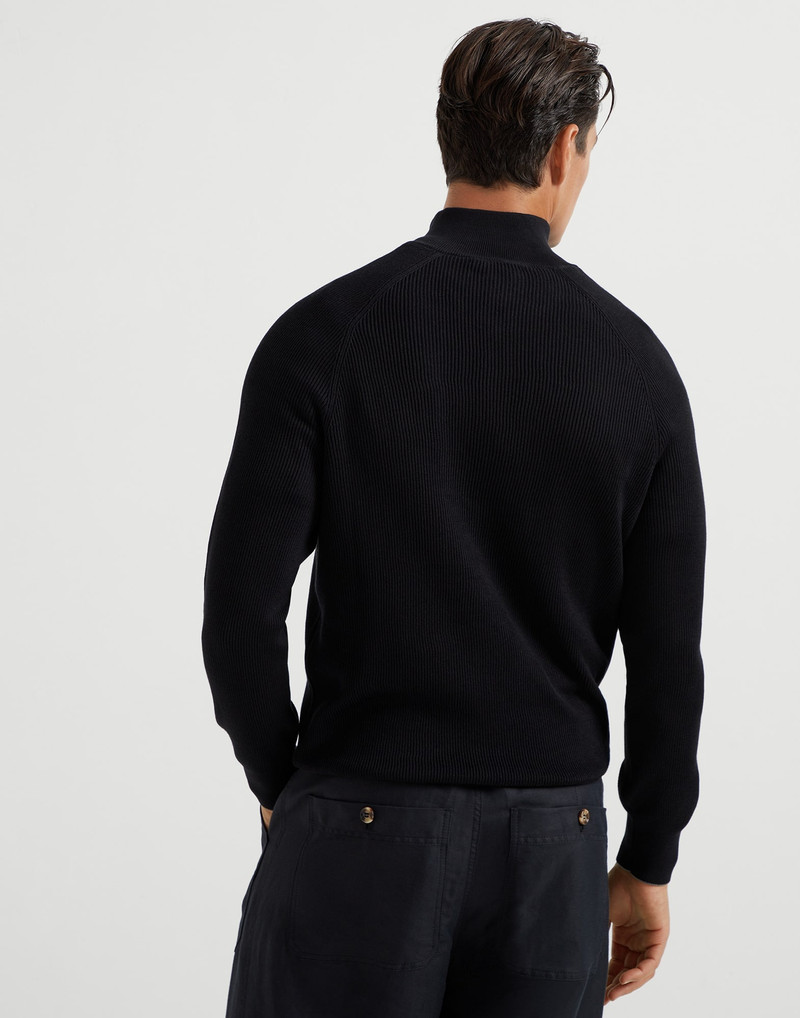 Brunello Cucinelli Cotton English rib sweater with half zip and raglan sleeves outlook