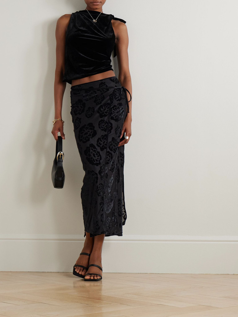 SIR. Ettore asymmetric tie-detailed draped stretch-velvet top Black outlook