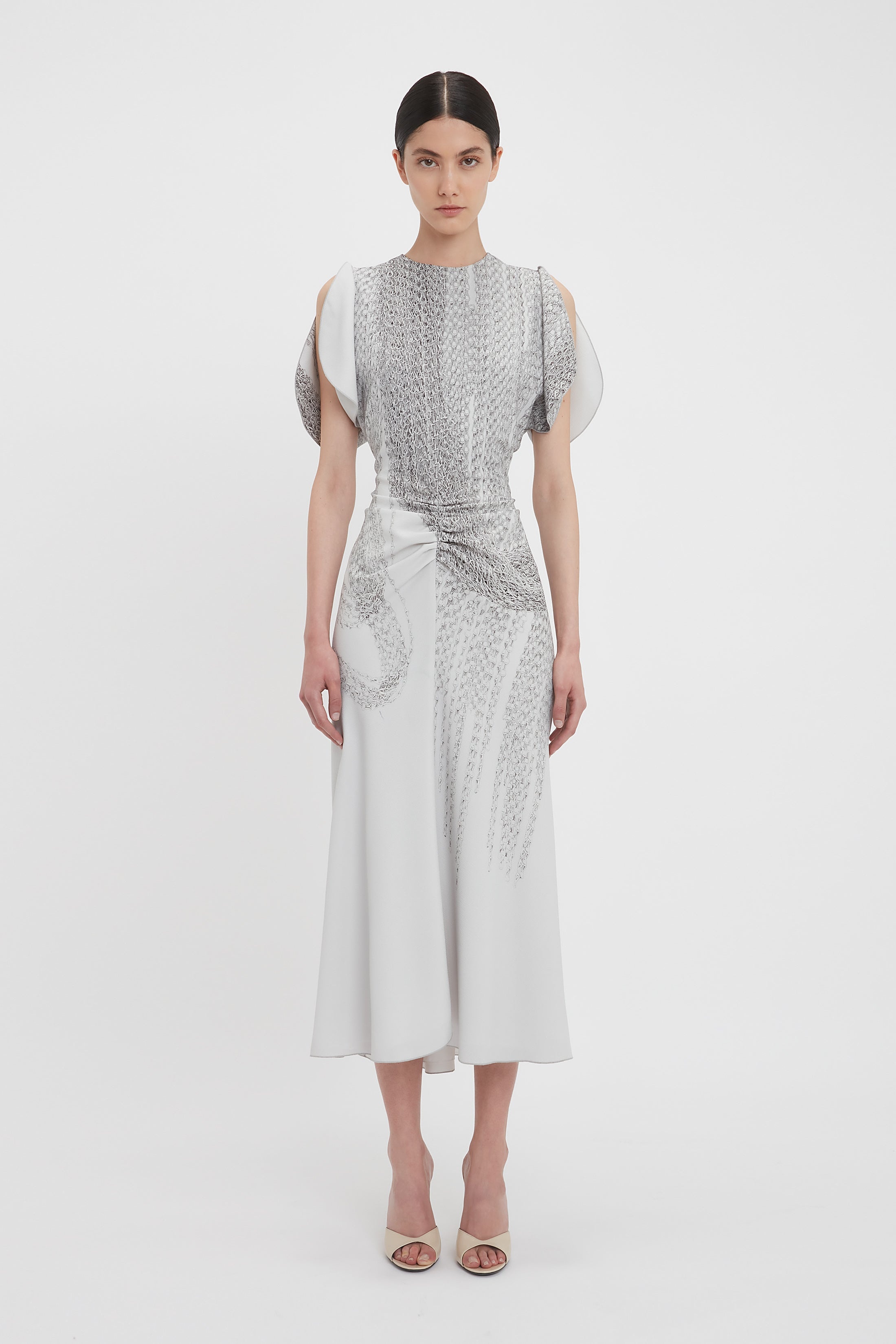 Gathered Waist Midi Dress In Grey Mist-Silver Chain Print - 2