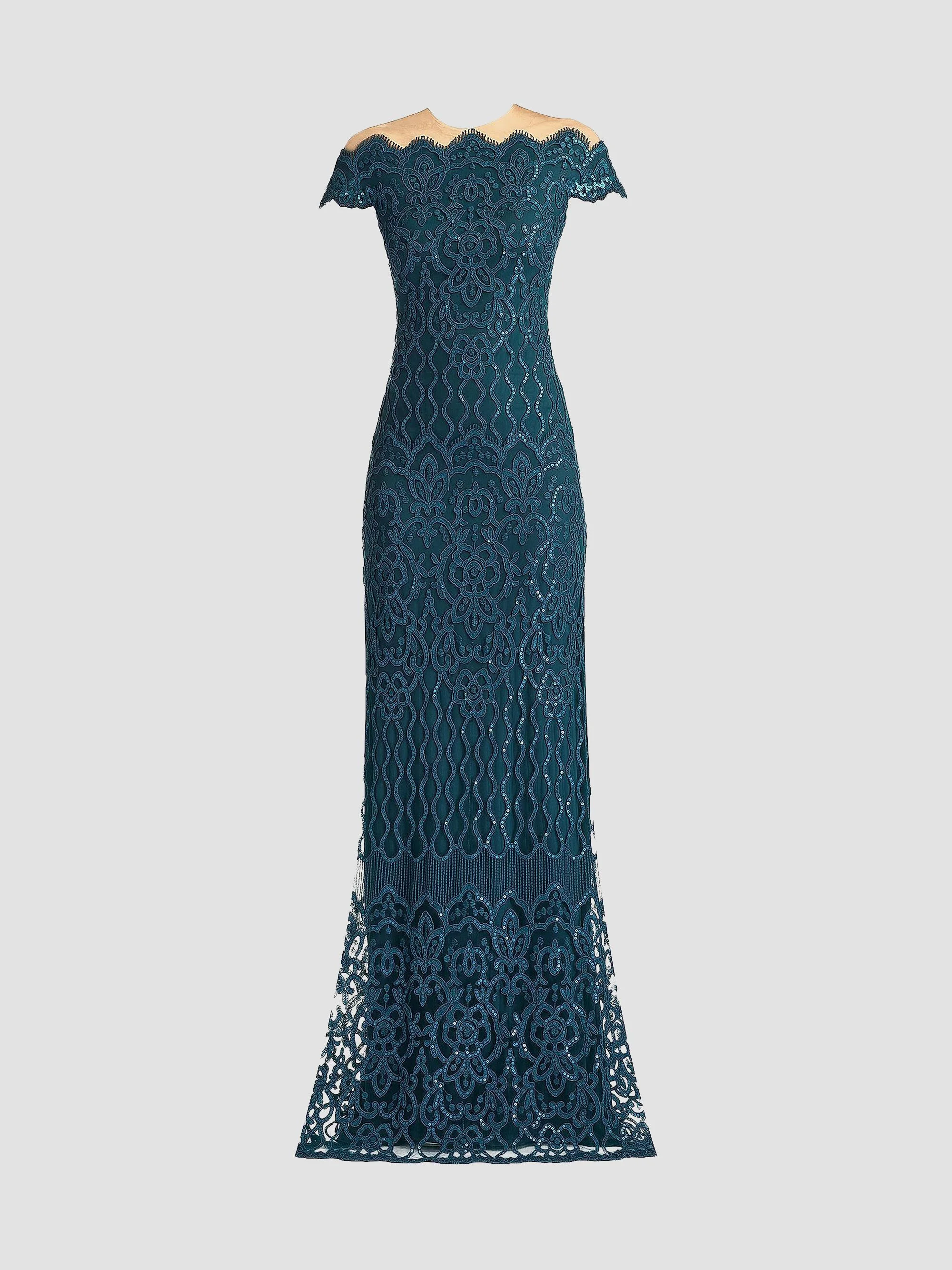 Women's Embellished Lace Illusion-Neck Gown - Starry Night - 1