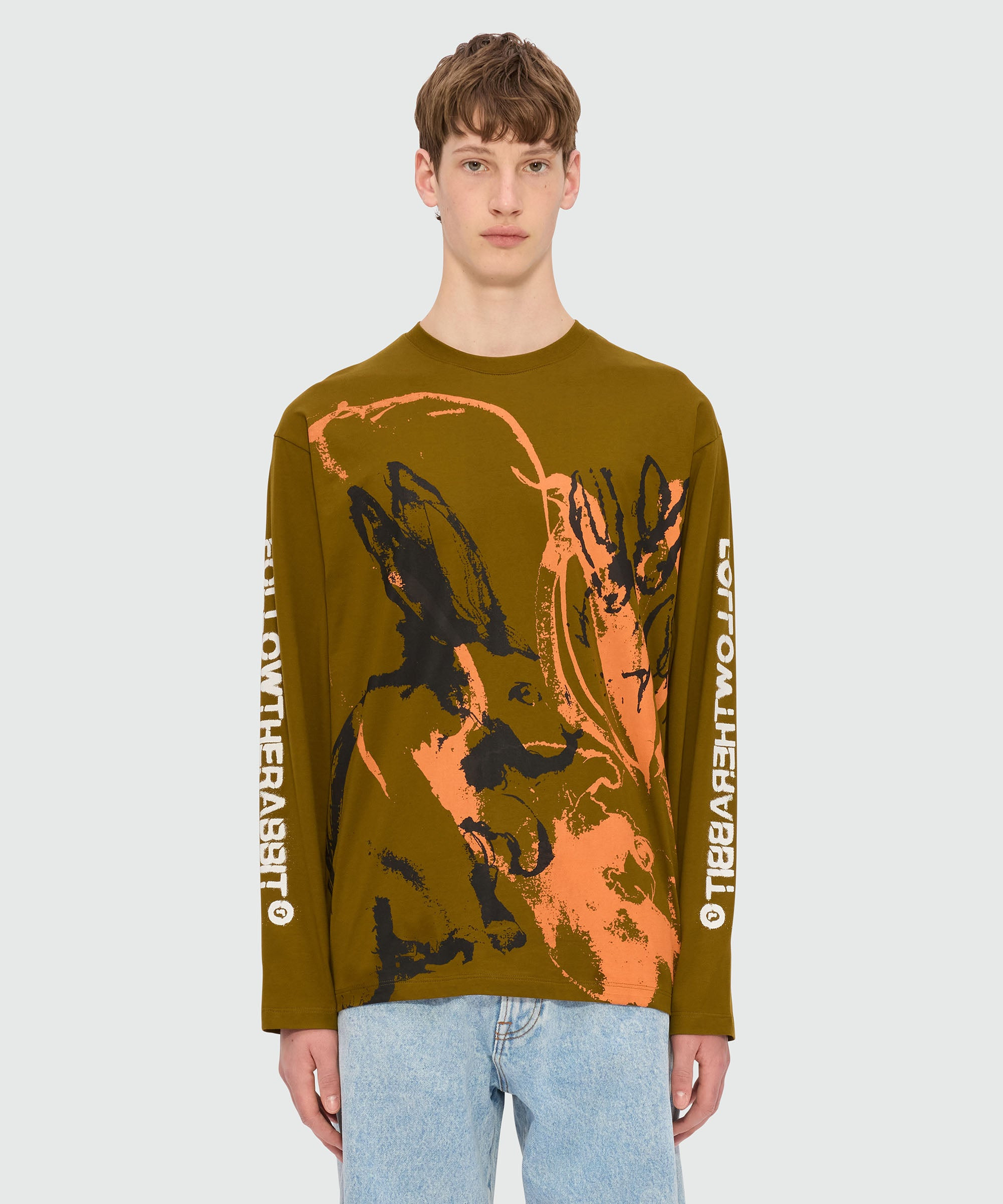 Olive green jersey T-shirt with "Sketched Bunnies" print - 2