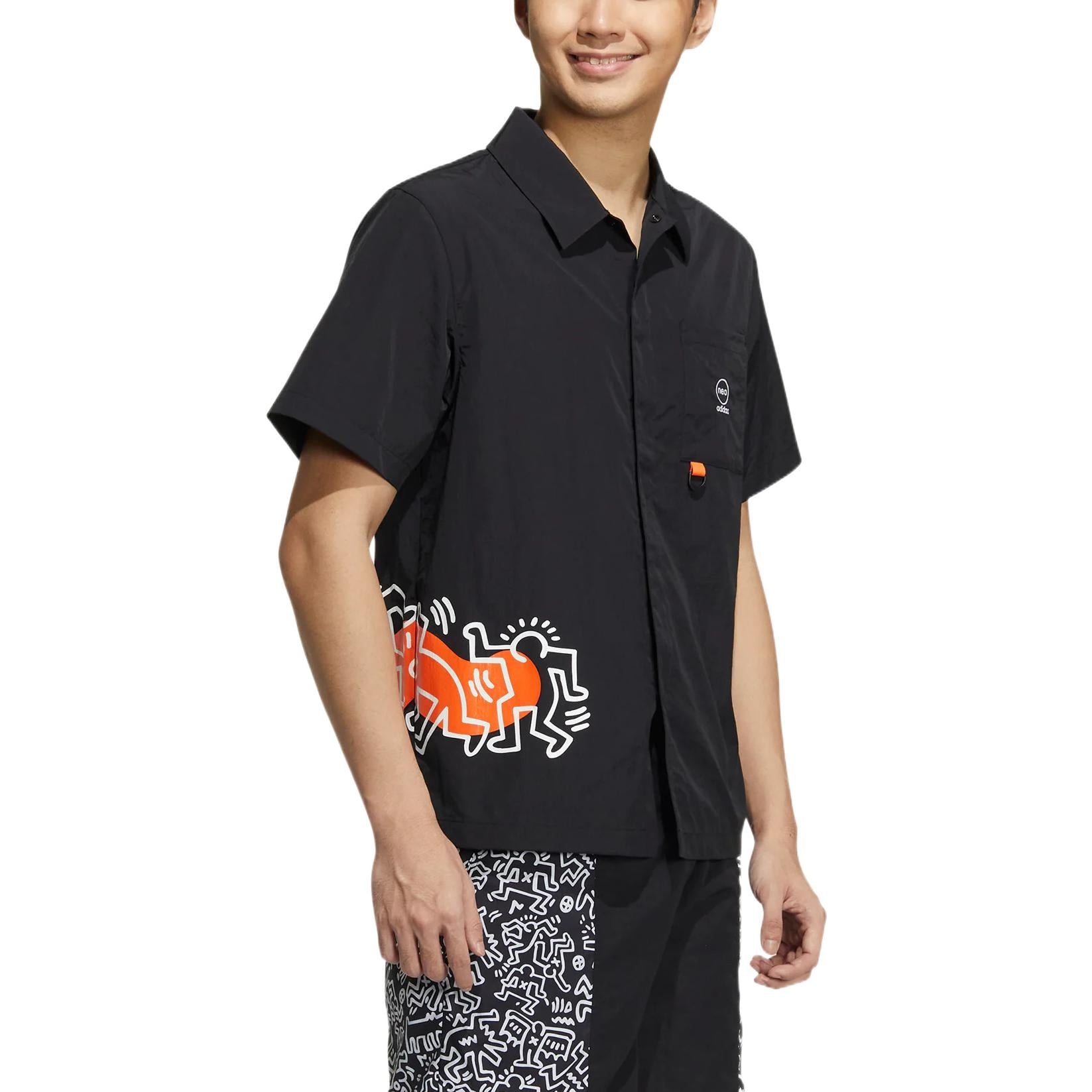 adidas x Keith Haring Crossover Cartoon Pattern Printing Short Sleeve Shirt Unisex Black HD7260 - 4
