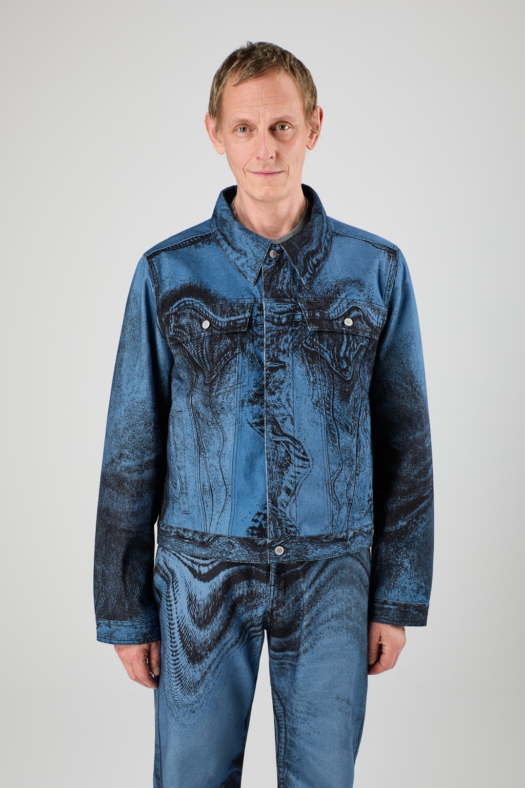 Dark Blue-Black Distorted Print Denim Jacket - 2