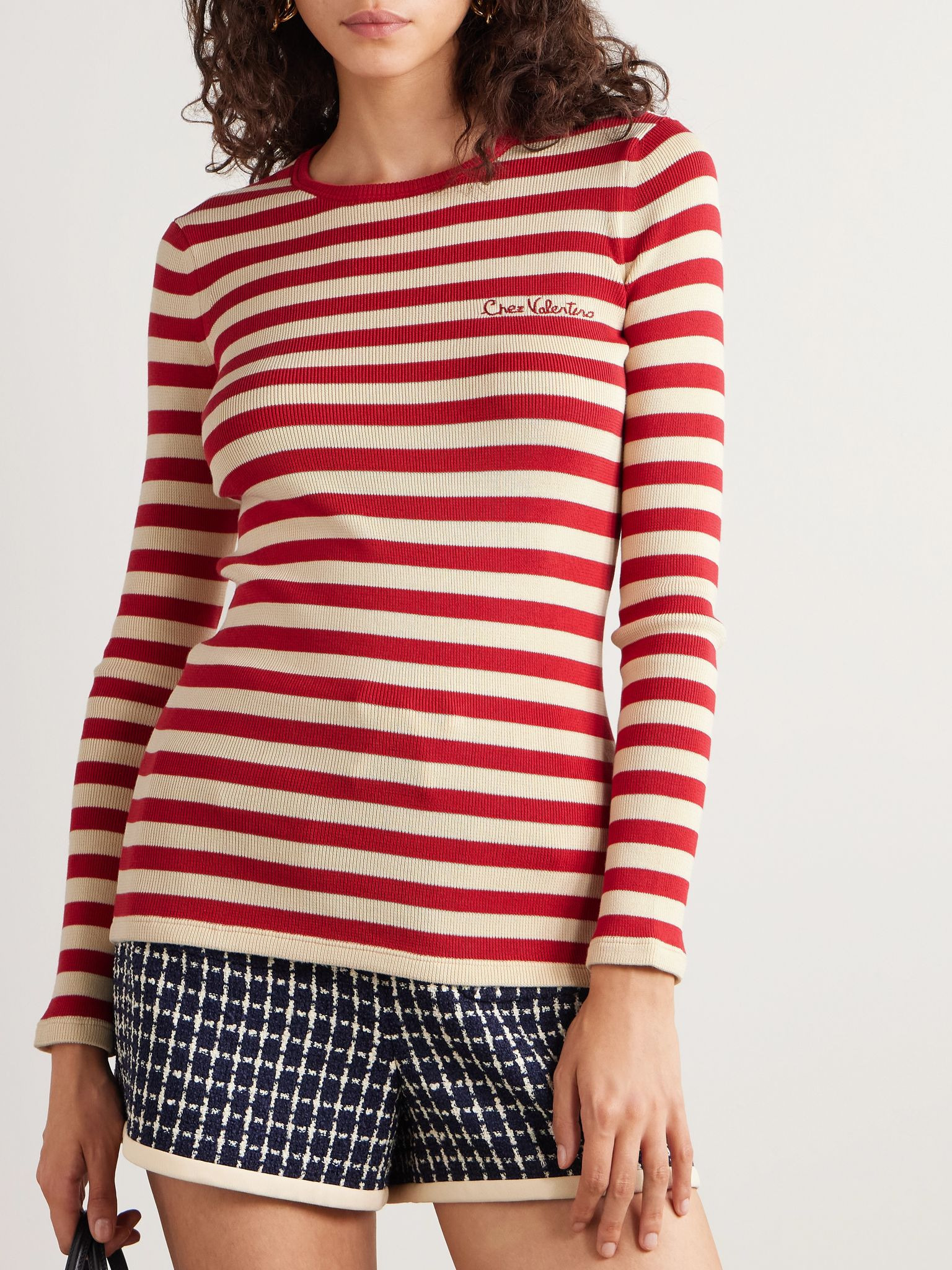 Embroidered striped ribbed-knit cotton sweater Red - 3