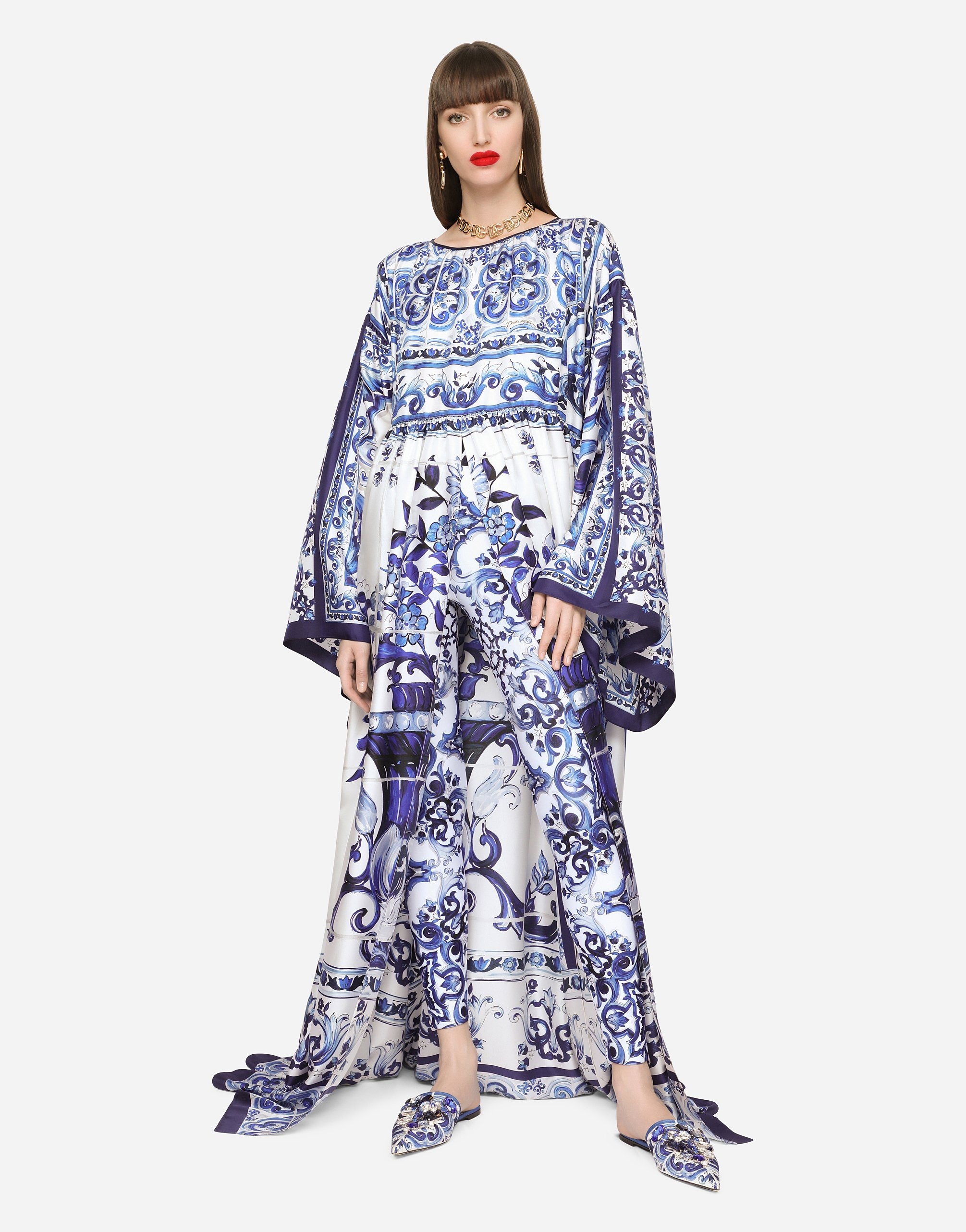 Silk twill caftan with majolica print - 2