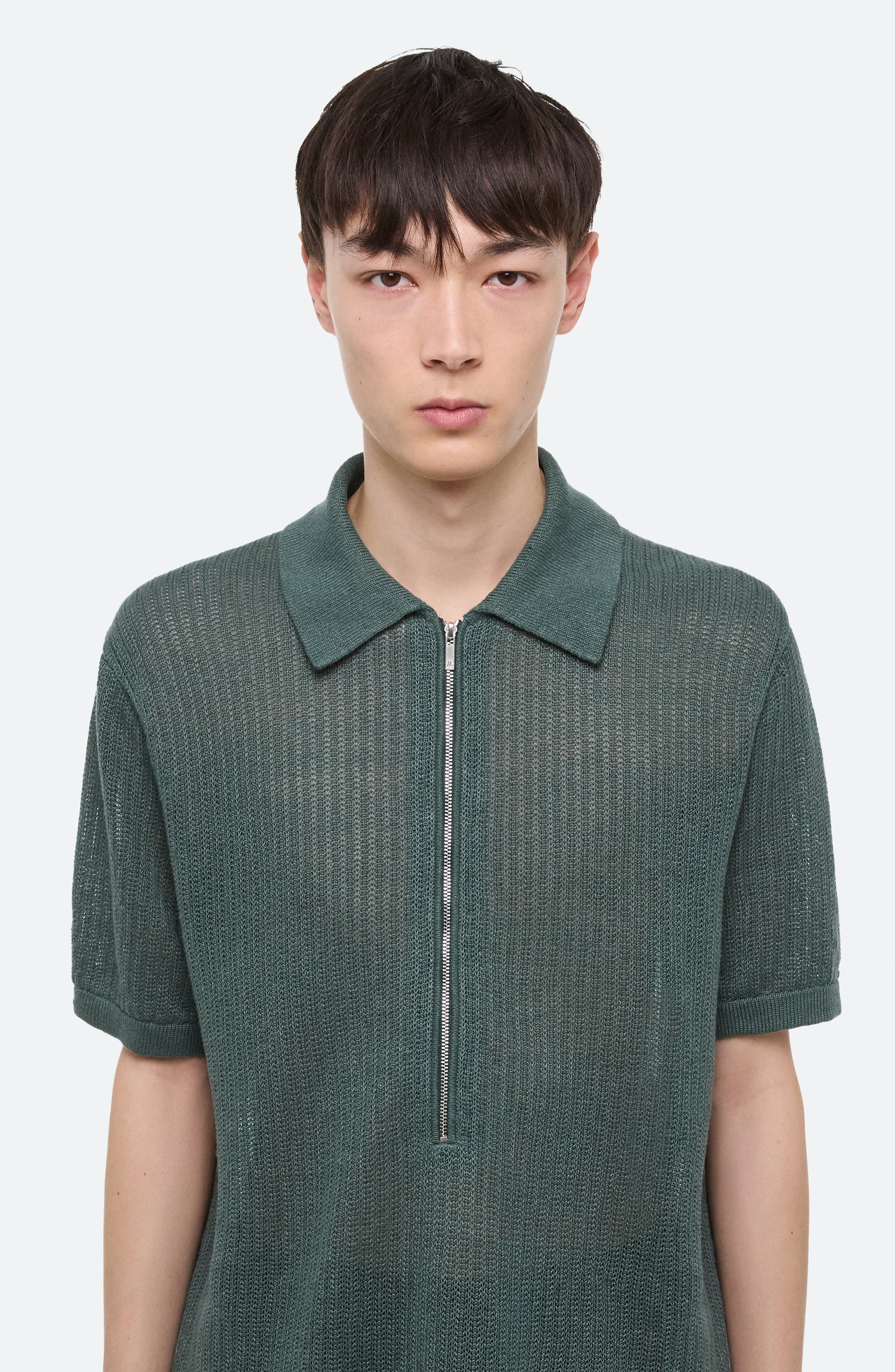 Helmut Lang Linen Zip Polo in Blue Green - 4