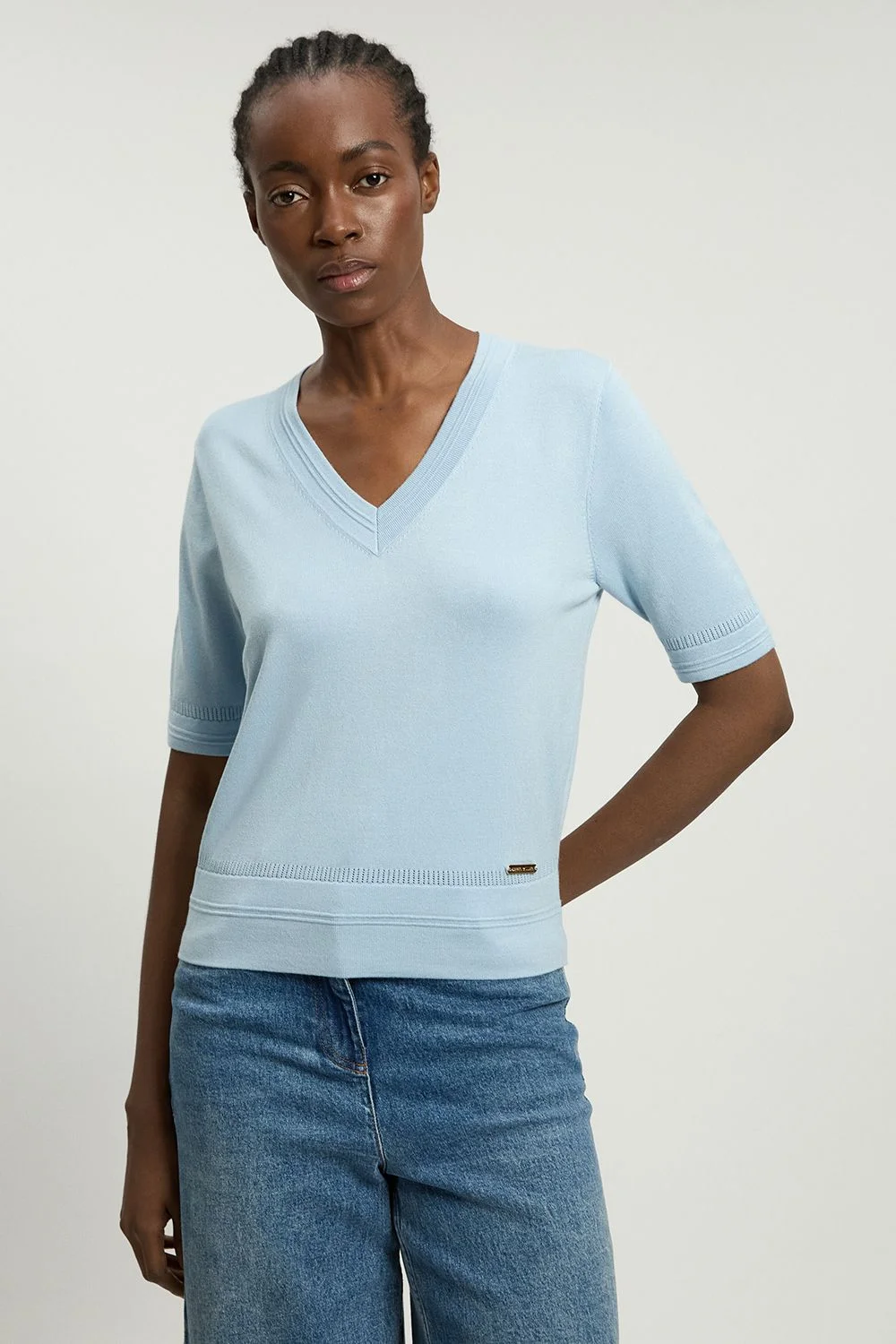 Forever Viscose Blend V Neck Knitted Short Sleeve Top - 1