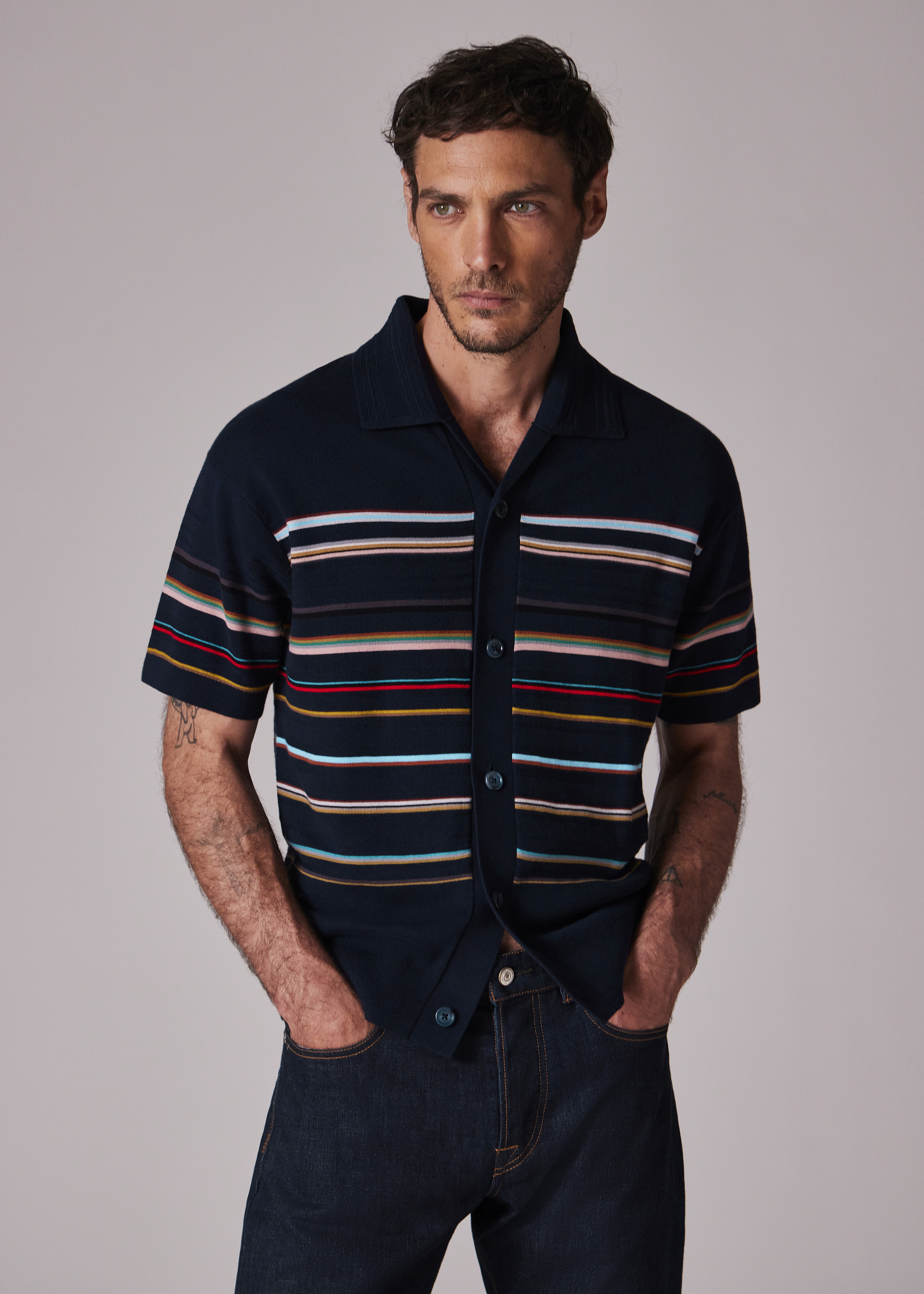 Navy 'Signature Stripe' Knitted Cotton Short-Sleeve Shirt - 4