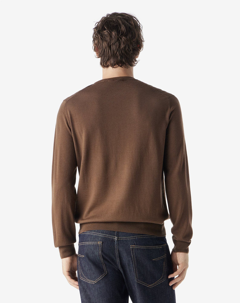 Tobacco brown long-sleeved crew neck shirt made from pure extra fine wool 3
