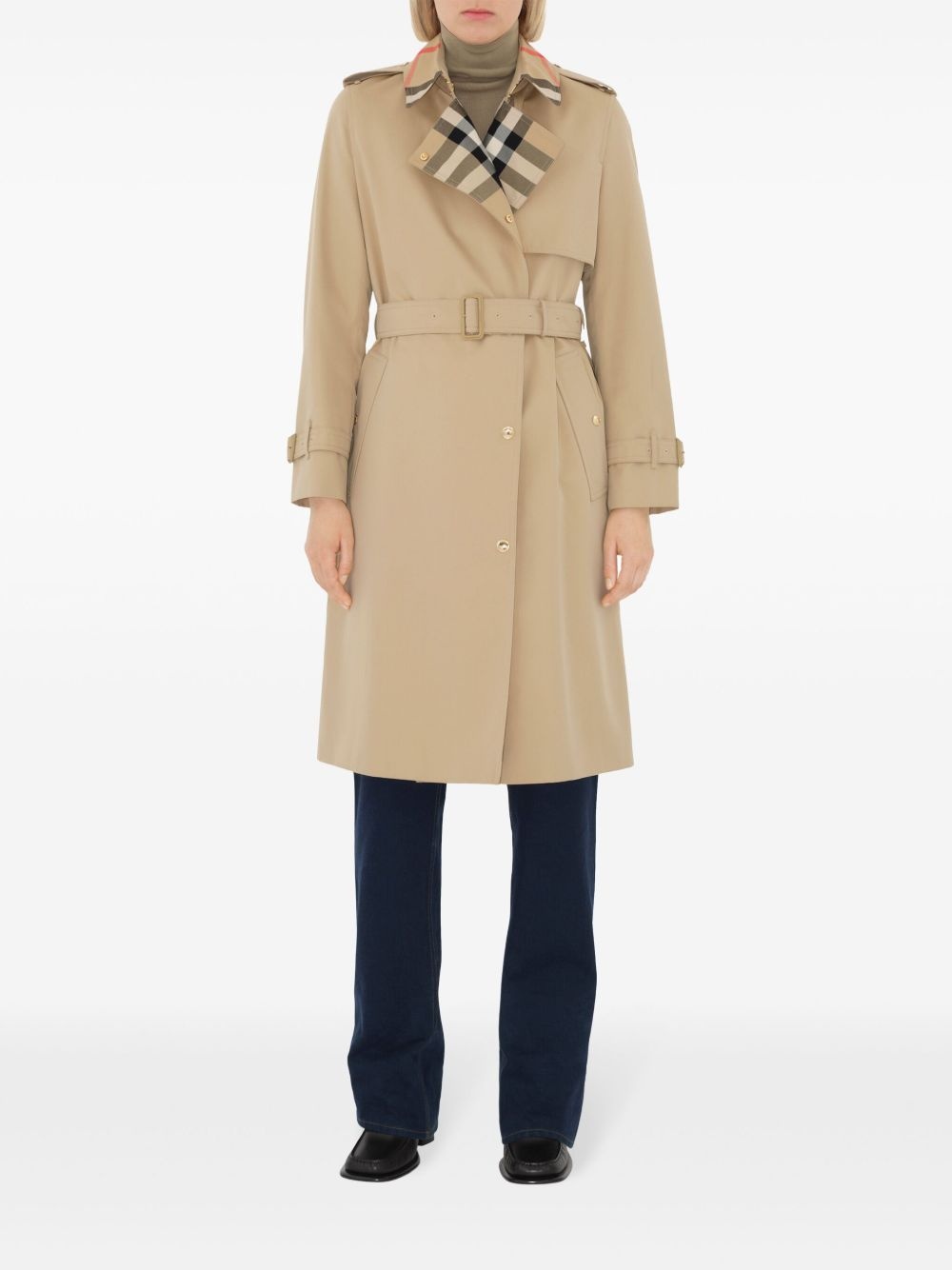 plaid-collar gabardine trench coat - 2