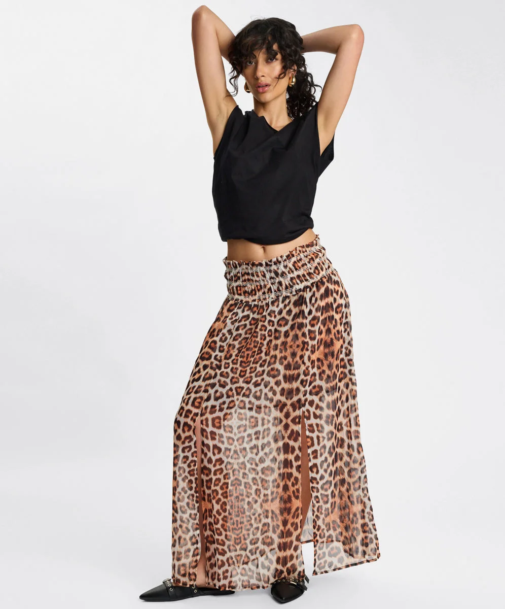 Sheer Shirred Elasticated Maxi Skirt - Leopard Print - 1
