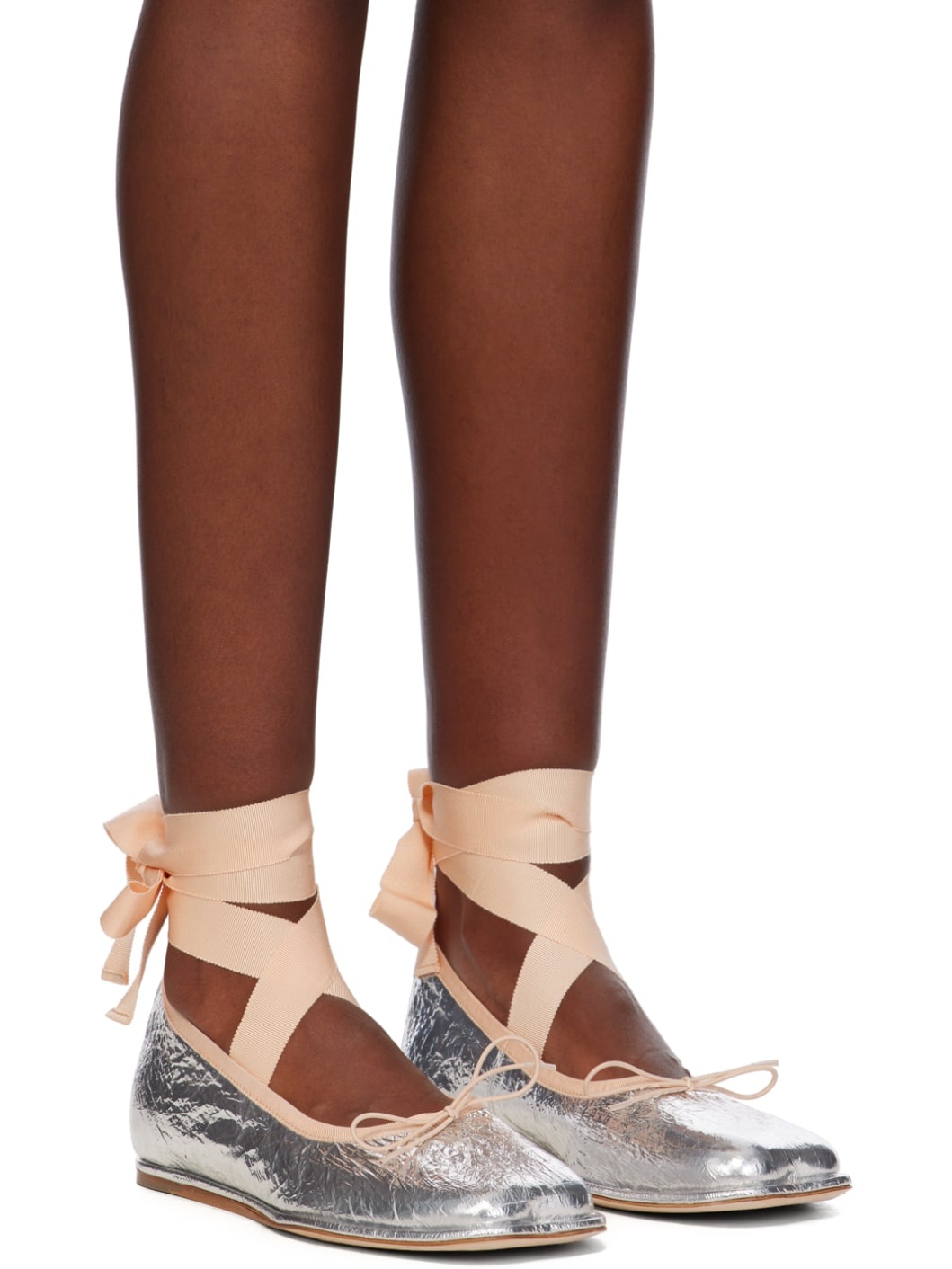 Silver Heart Toe Ribbon Bow Ballerina Flats - 4