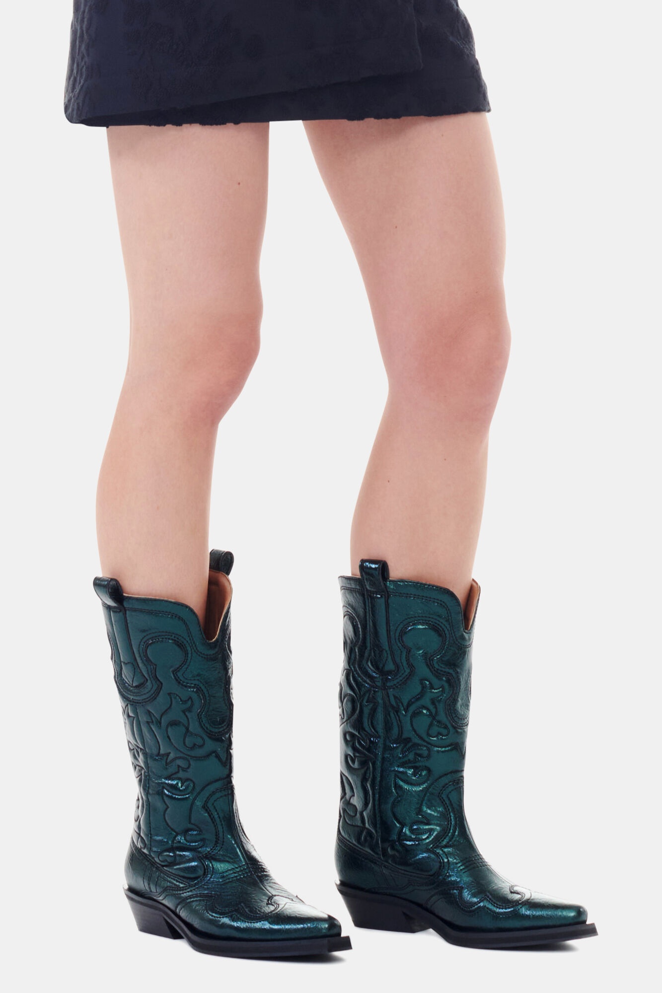 GREEN METALLIC MID SHAFT EMBROIDERED WESTERN BOOTS - 4