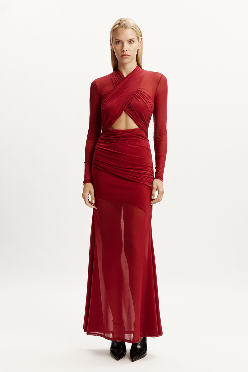 BARDOT Veria Wrap Mesh Maxi Dress In Burgundy outlook