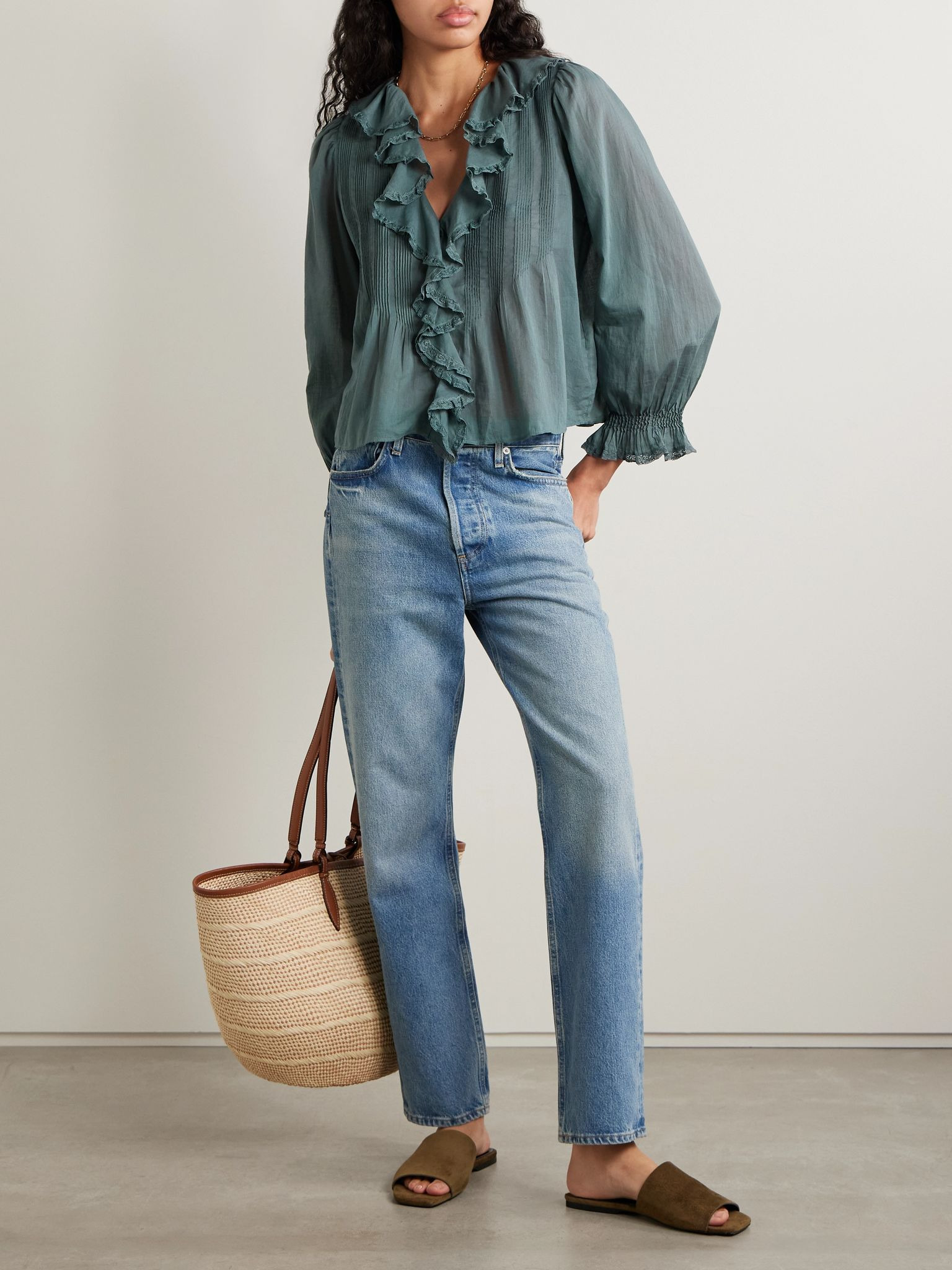 Hardy lace-trimmed ruffled pintucked organic cotton-voile blouse Storm blue - 2