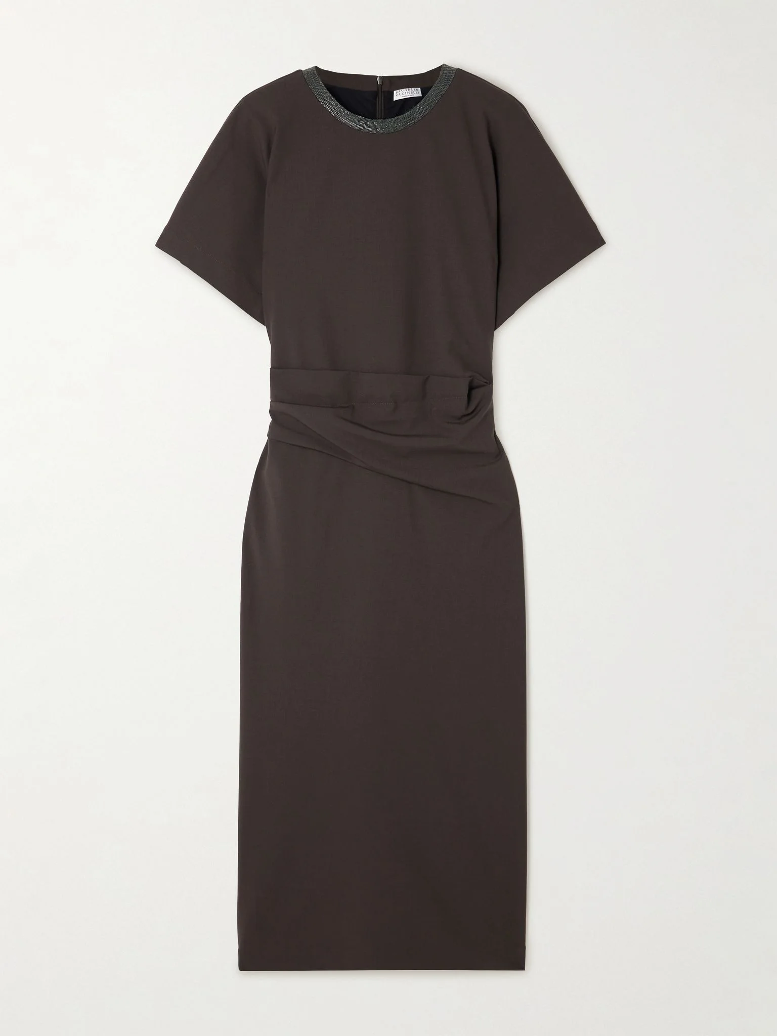Embellished draped virgin wool-blend midi dress Brown - 1