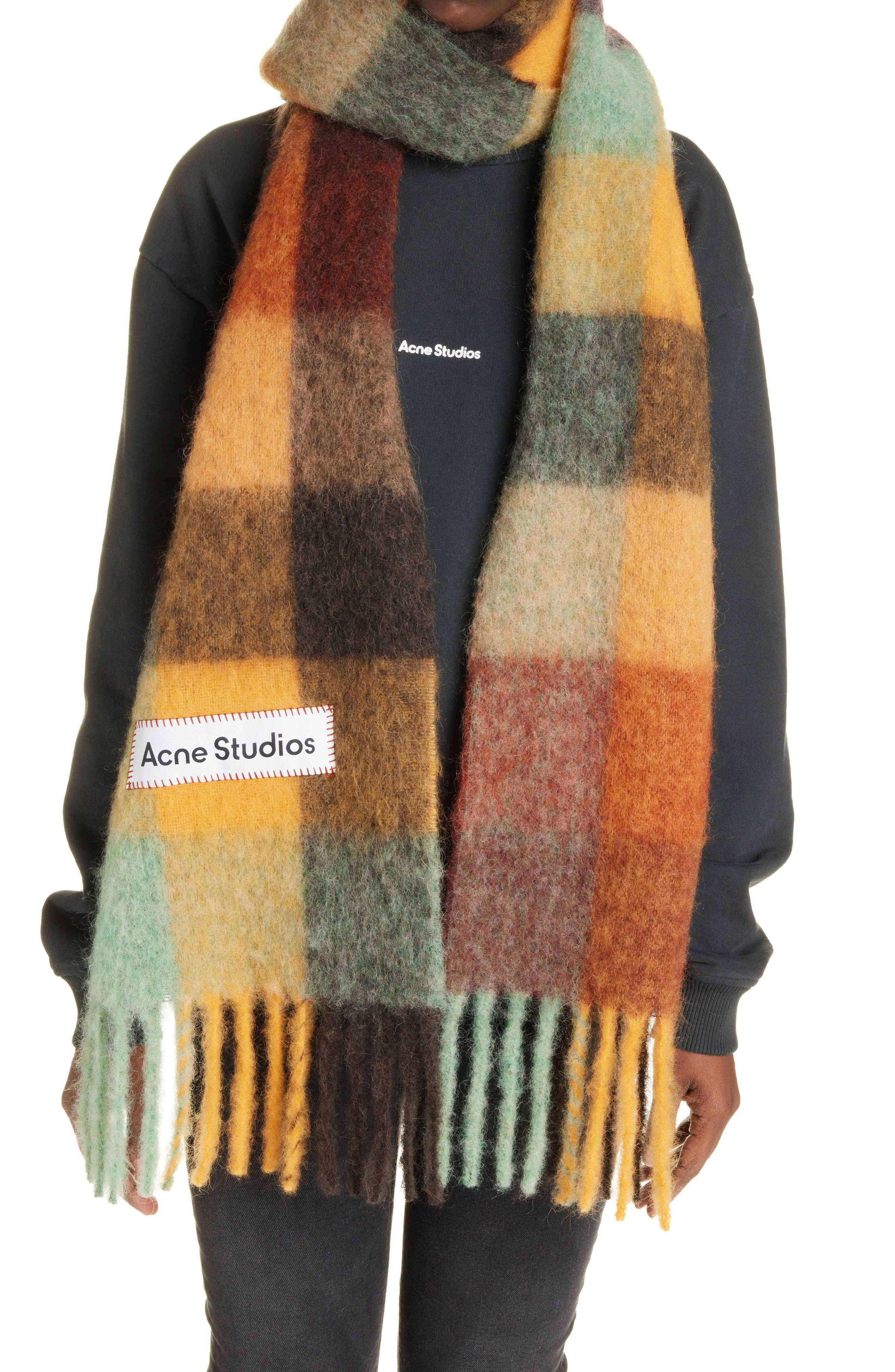Acne Studios Vally Plaid Alpaca, Wool & Mohair Blend Scarf in Chestnut Brown/Yellow/Green at Nordstr - 6